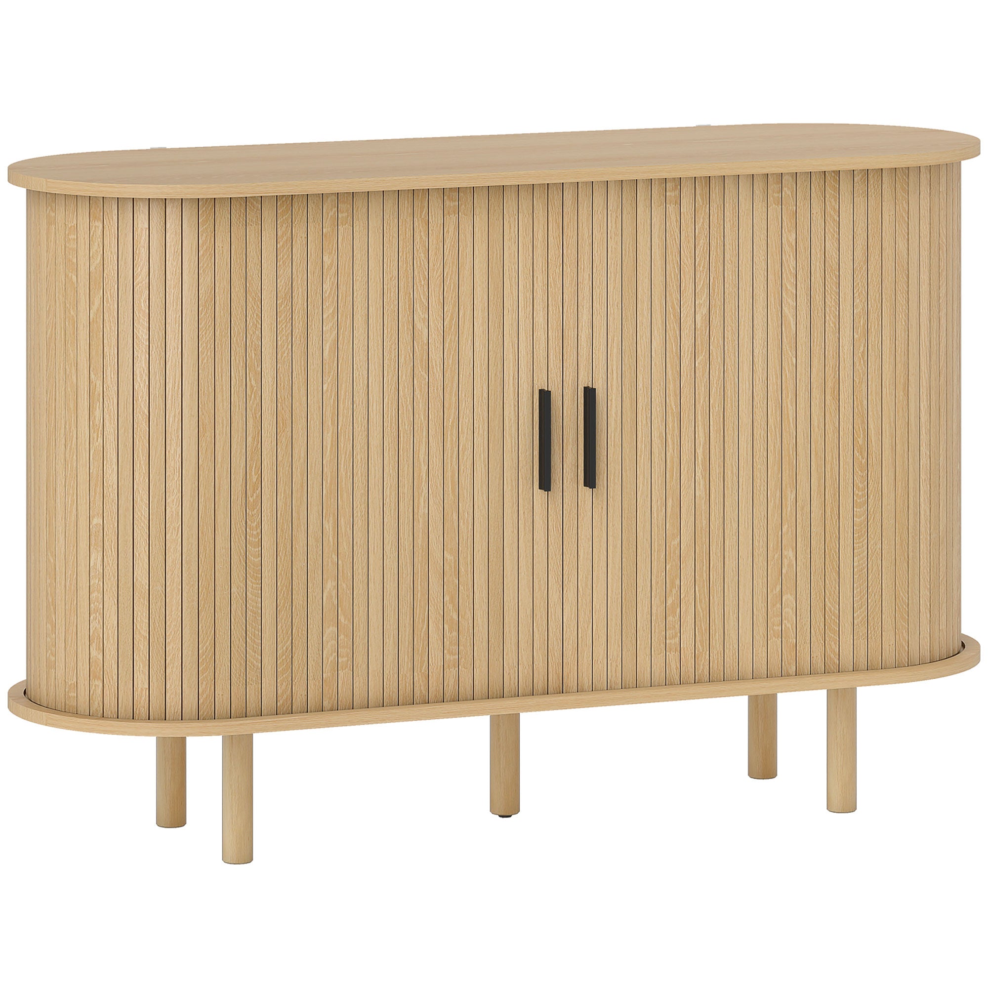 Fluted Sideboard Buffet Cabinet with Tambour Sliding Doors, 47" Modern Coffee Bar Cabinet with Storage Shelves and Wooden Legs, Kitchen Credenza, Oak