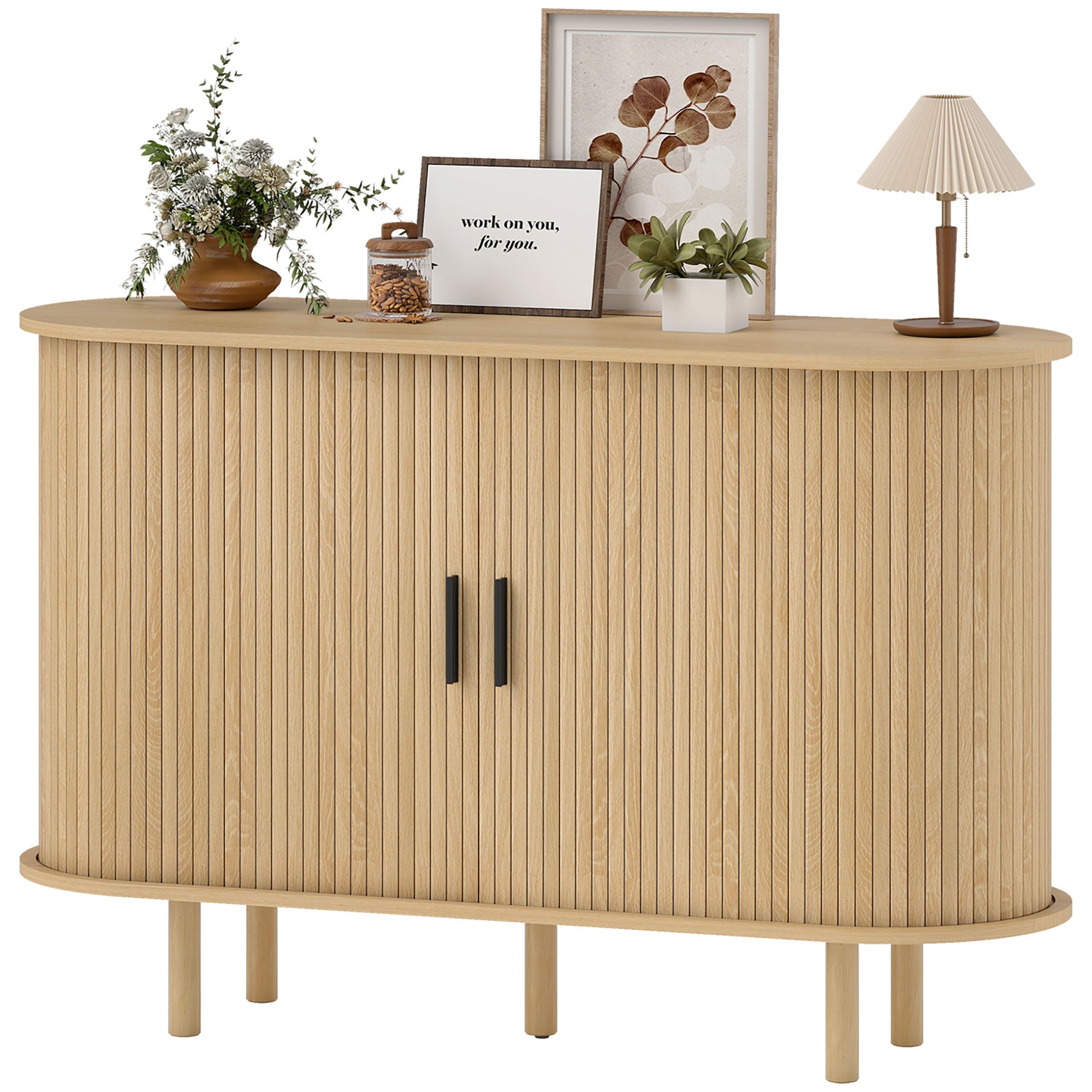 Fluted Sideboard Buffet Cabinet with Tambour Sliding Doors, 47" Modern Coffee Bar Cabinet with Storage Shelves and Wooden Legs, Kitchen Credenza, Oak