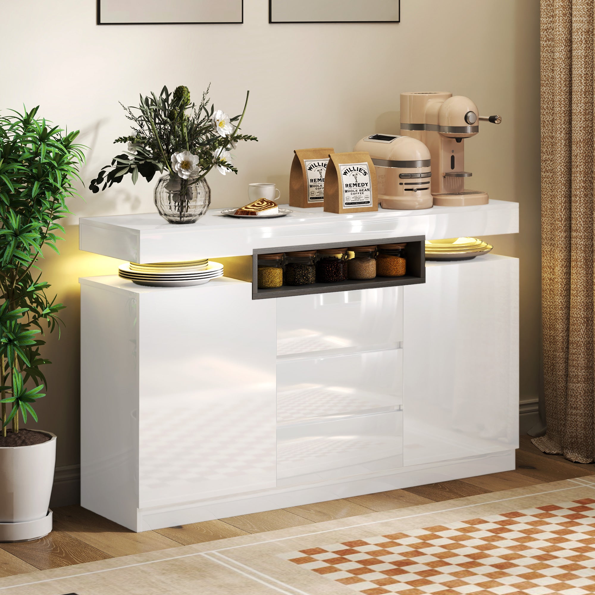 HOMCOM Storage Cabinet with LED Lights, Sideboard Buffet Cabinet with 3 Drawers and 2 Cabinets, Coffee Bar with Slow-Close Doors, White