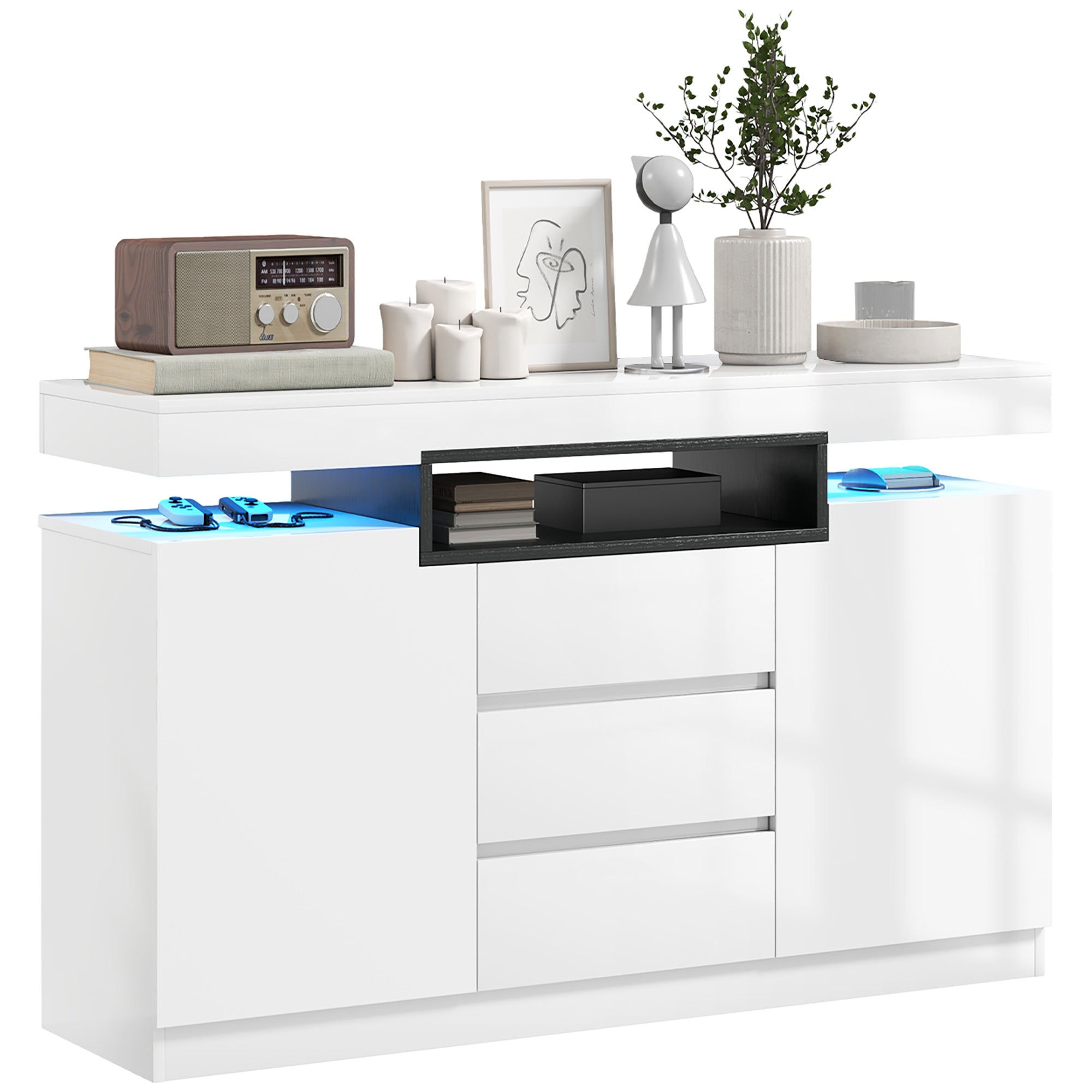 HOMCOM Storage Cabinet with LED Lights, Sideboard Buffet Cabinet with 3 Drawers and 2 Cabinets, Coffee Bar with Slow-Close Doors, White