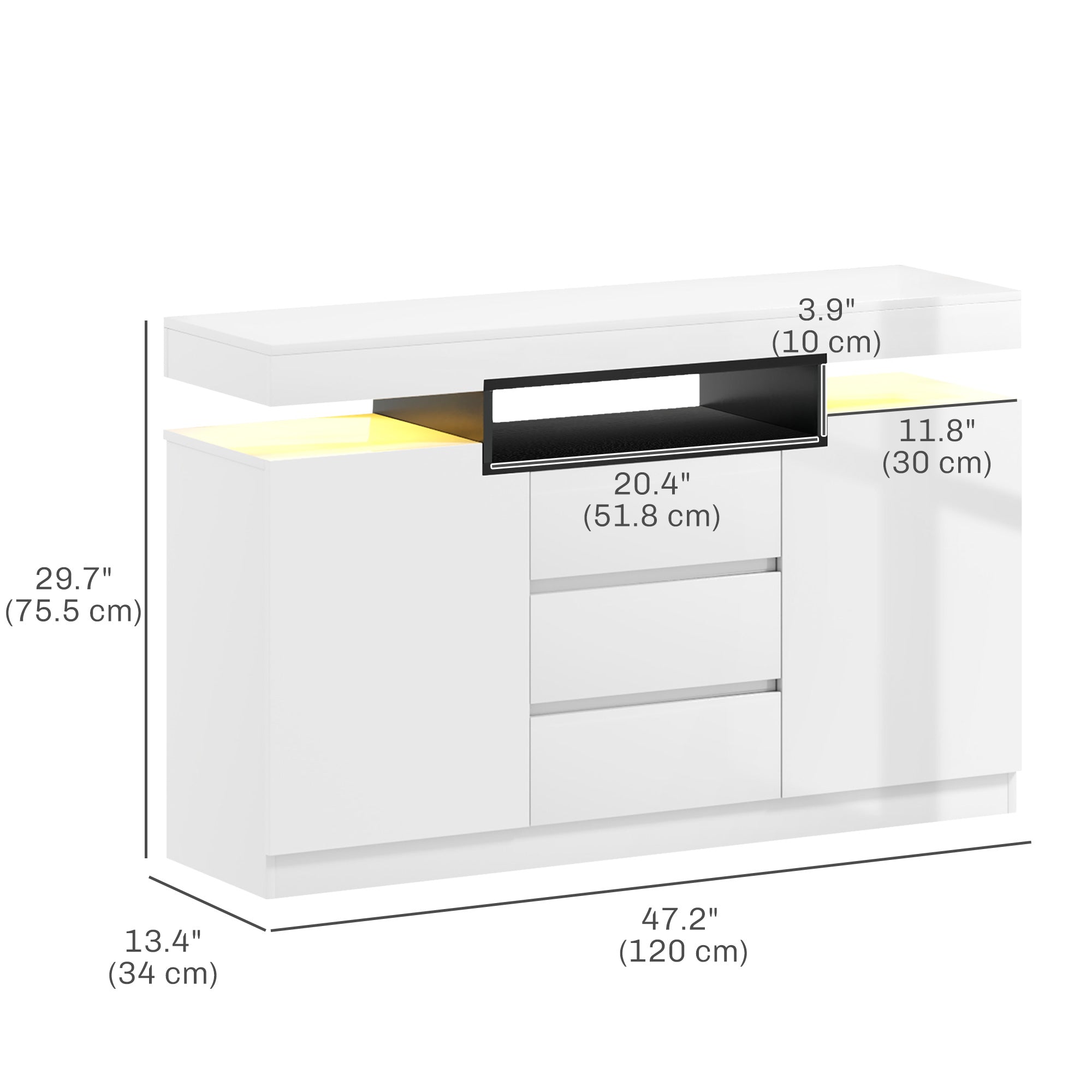 HOMCOM Storage Cabinet with LED Lights, Sideboard Buffet Cabinet with 3 Drawers and 2 Cabinets, Coffee Bar with Slow-Close Doors, White