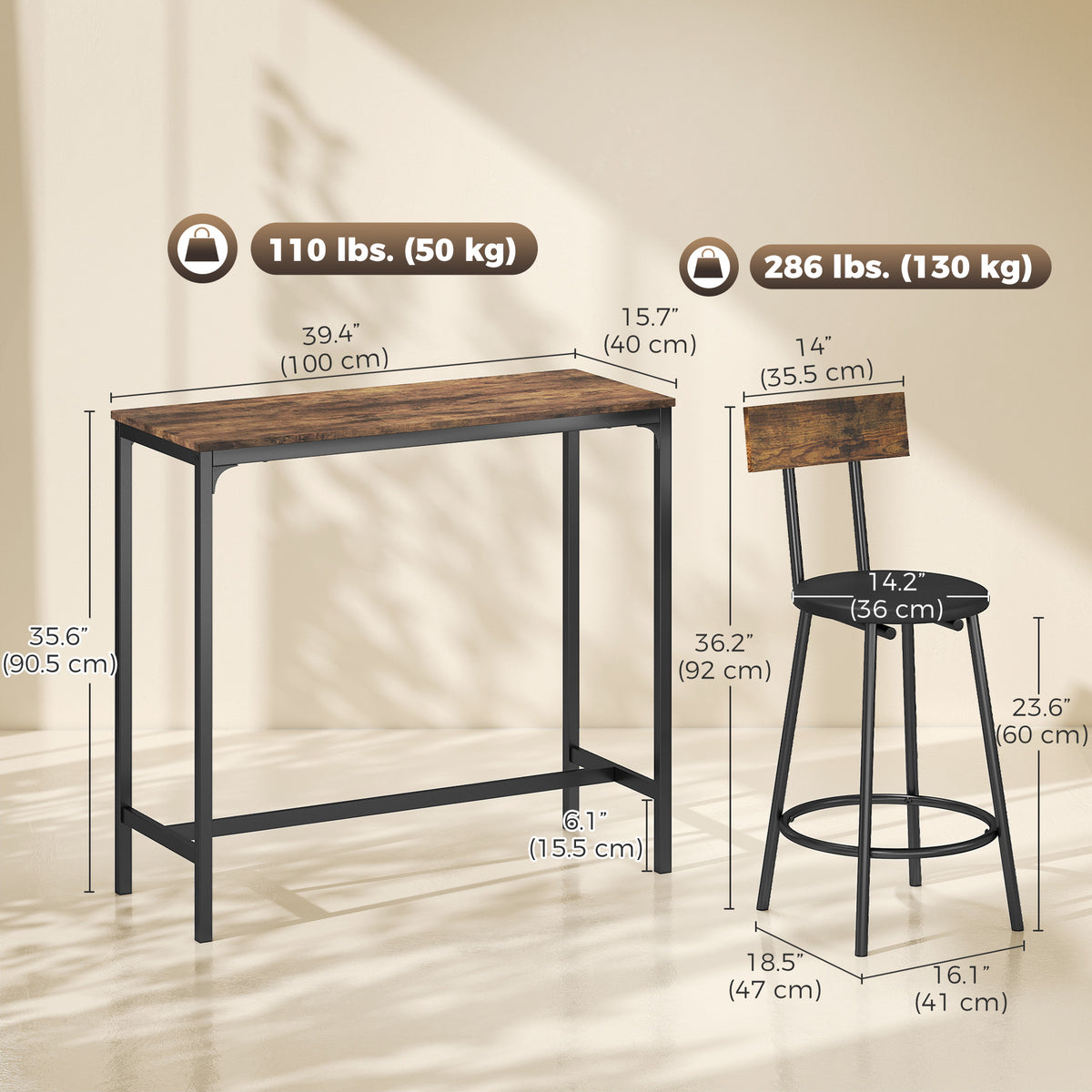 3 Piece Counter Height Bar Table Set, Kitchen Dining Table with 2 Upholstered Stools, Footrests, Space-Saving Pub Table & Chairs for Dining Room,  Living Room, Rustic Brown