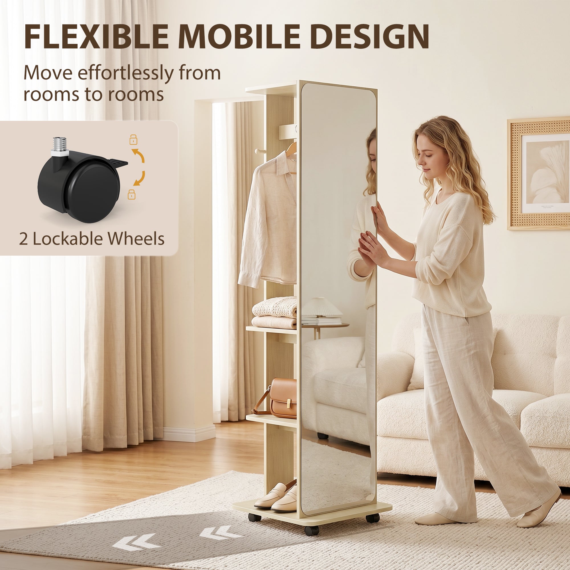 15" x 62" Full Length Mirror, Tempered Glass Floor Mirror on Wheels with Storage Shelves, Coat Hangers for Bedroom, Living Room, Natural Wood