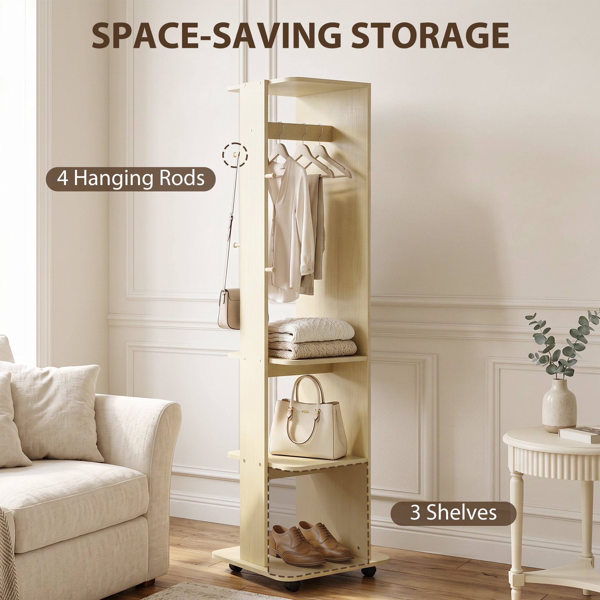 15" x 62" Full Length Mirror, Tempered Glass Floor Mirror on Wheels with Storage Shelves, Coat Hangers for Bedroom, Living Room, Natural Wood