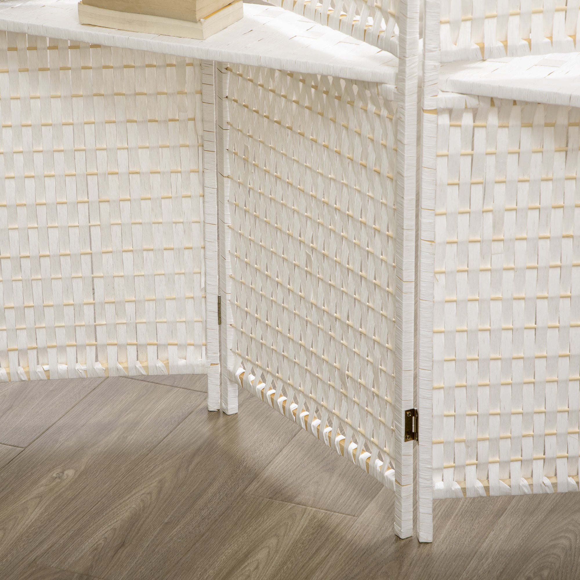 4 Panel Room Divider with Shelves, 6 FT Wave Fibre Freestanding Folding Privacy Screen, Partition Wall Divider for Indoor Bedroom Office, White