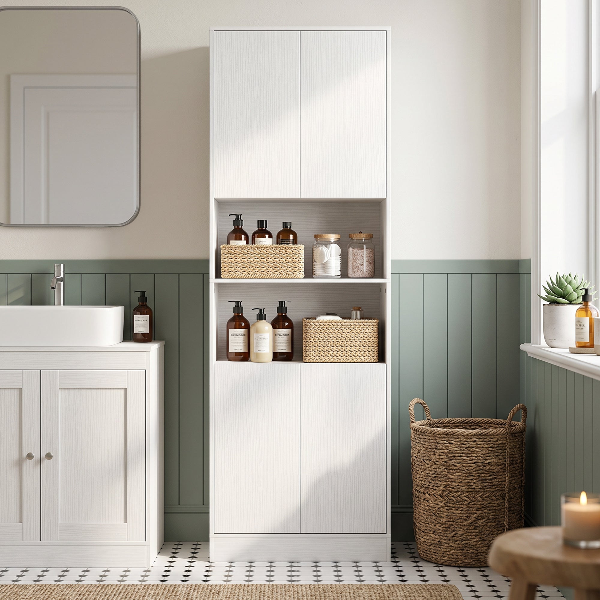 170 cm Tall Kitchen Cupboard, Pantry Storage Cabinet with Soft-Close Hinges, Freestanding Kitchen Cabinet with 2 Cupboards, 2 Open Shelves and Adjustable Shelves, White Wood Effect
