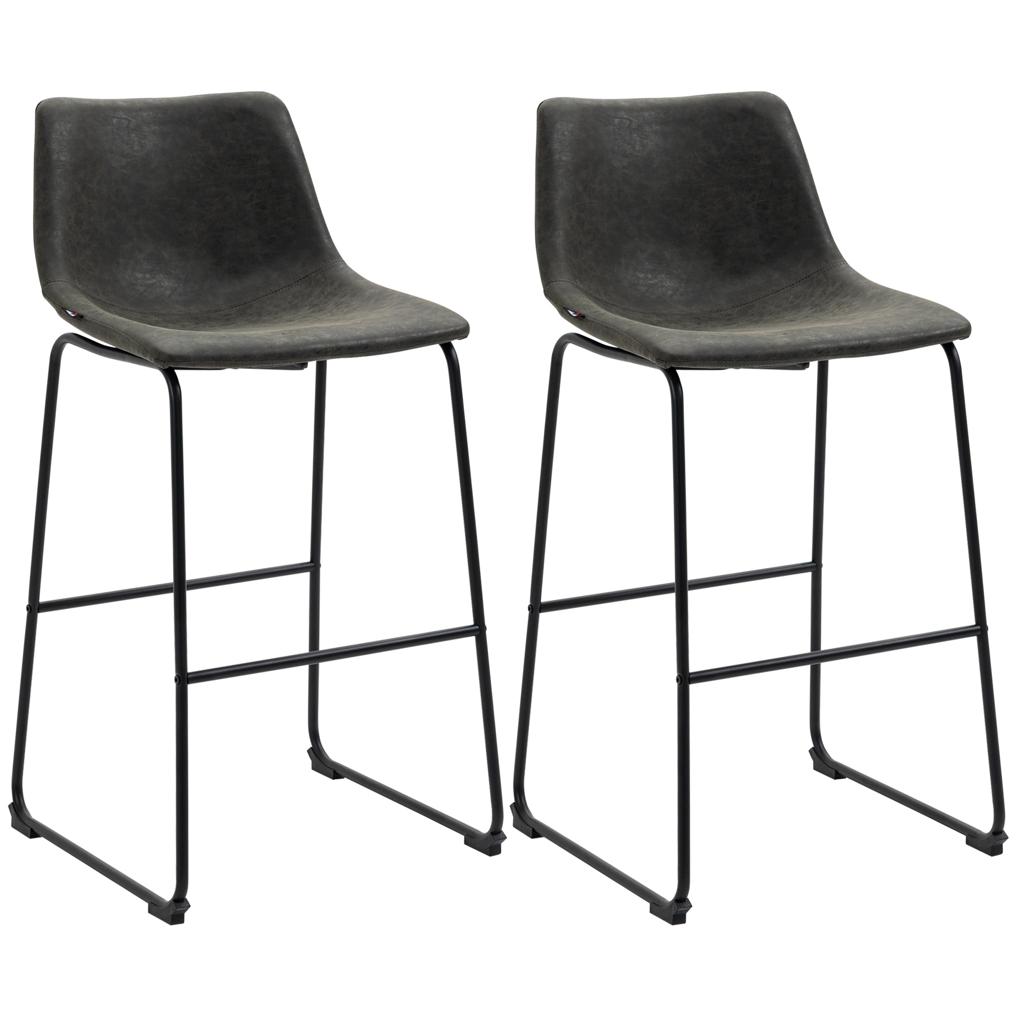 HOMCOM Bar Height Bar Stools Set of 2, Vintage PU Leather Bar Chairs, Kitchen Stools with Footrest for Home Bar, Dark Grey