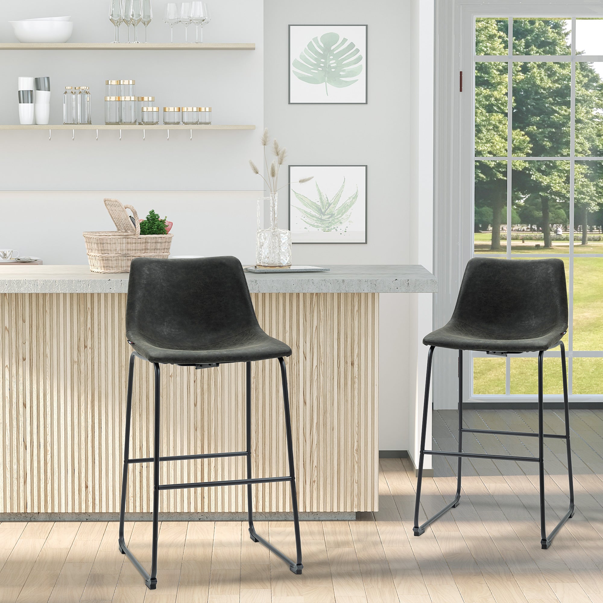 HOMCOM Bar Height Bar Stools Set of 2, Vintage PU Leather Bar Chairs, Kitchen Stools with Footrest for Home Bar, Dark Grey