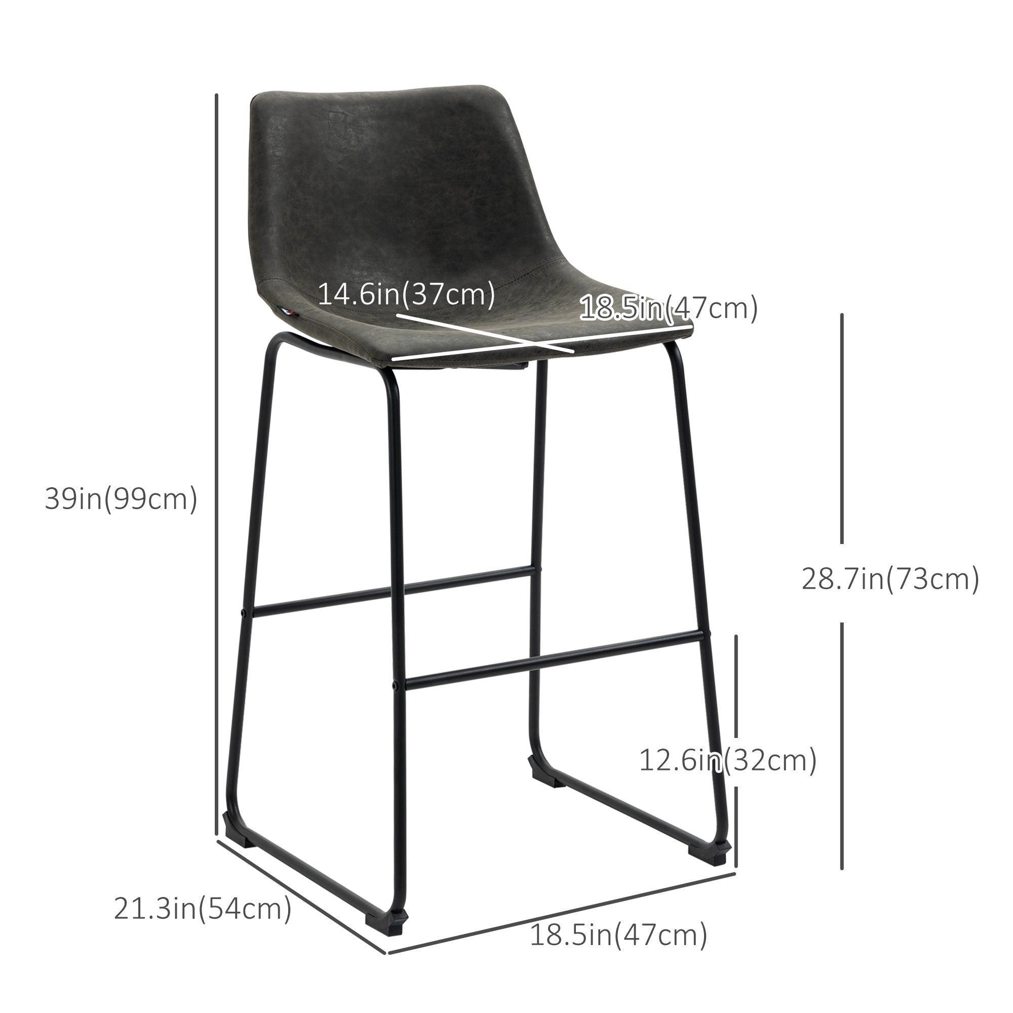 HOMCOM Bar Height Bar Stools Set of 2, Vintage PU Leather Bar Chairs, Kitchen Stools with Footrest for Home Bar, Dark Grey