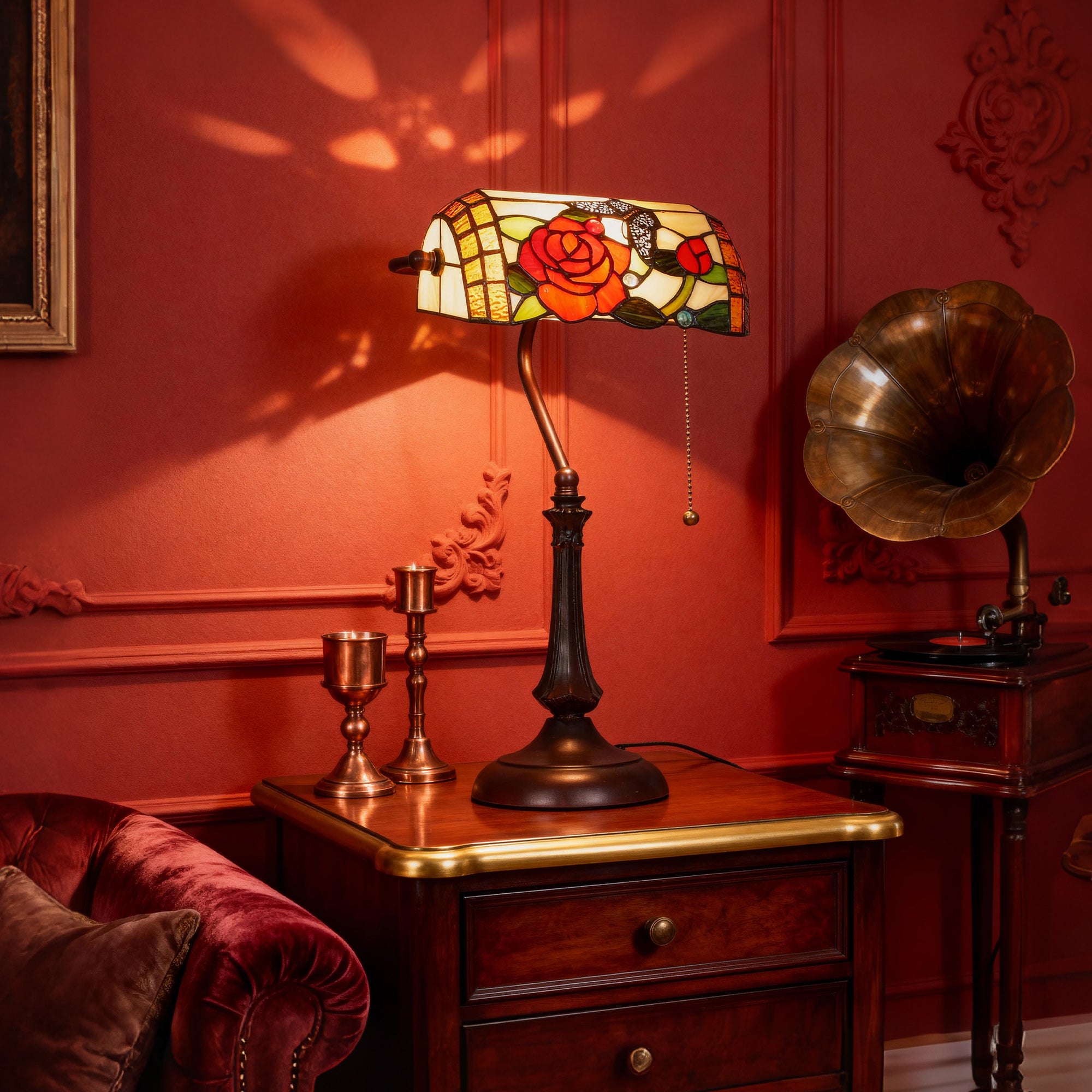 Tiffany-Style Glass Table Lamp with Rose and Butterfly Design, Handcrafted Antique Bedside Lamp with Dual Switch Control for Living Room and Bedroom, E27 Socket, No Assembly Required, Red