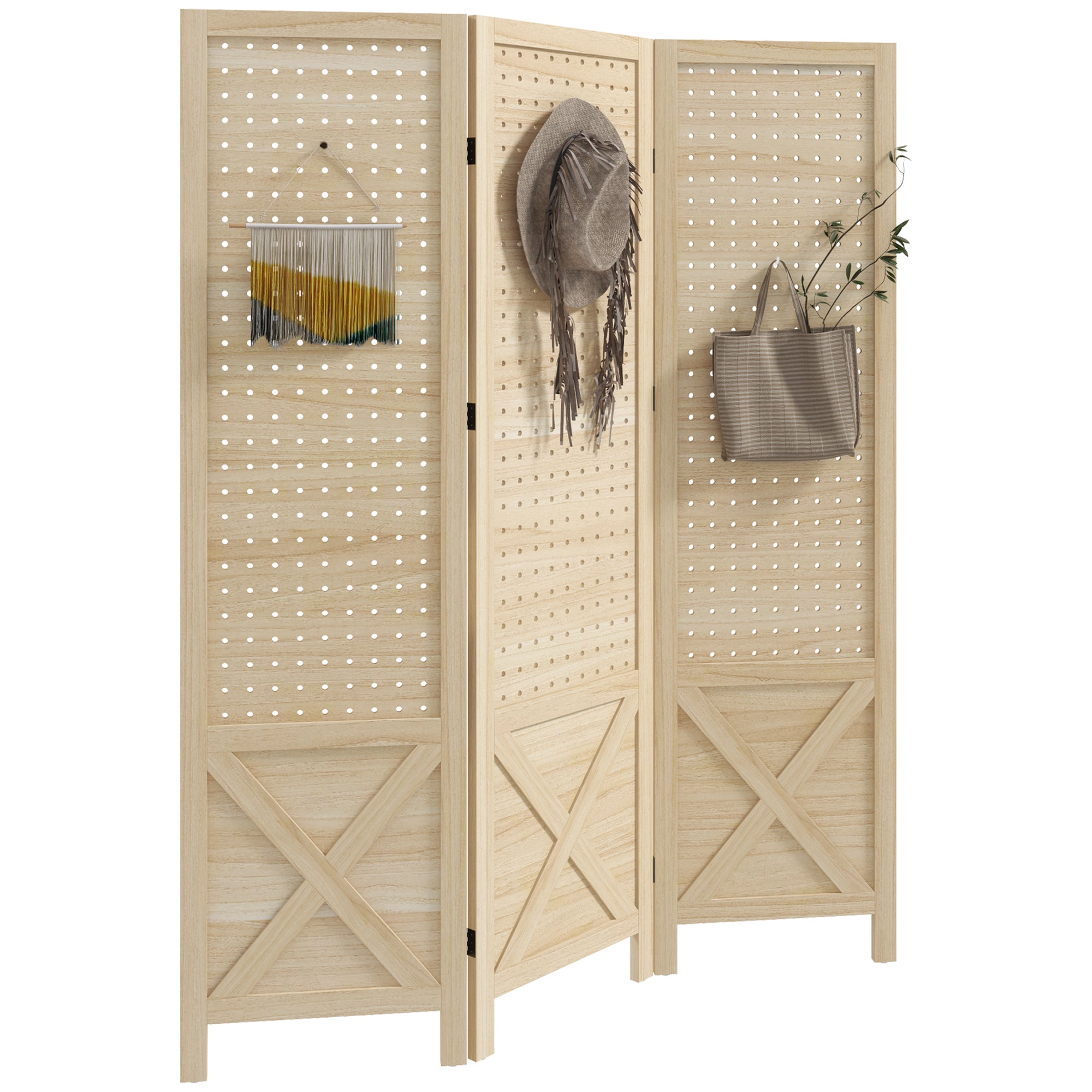 4.7' 3 Panel Wooden Room Divider with Pegboard Display, Folding Privacy Screen for Home Office, Natural