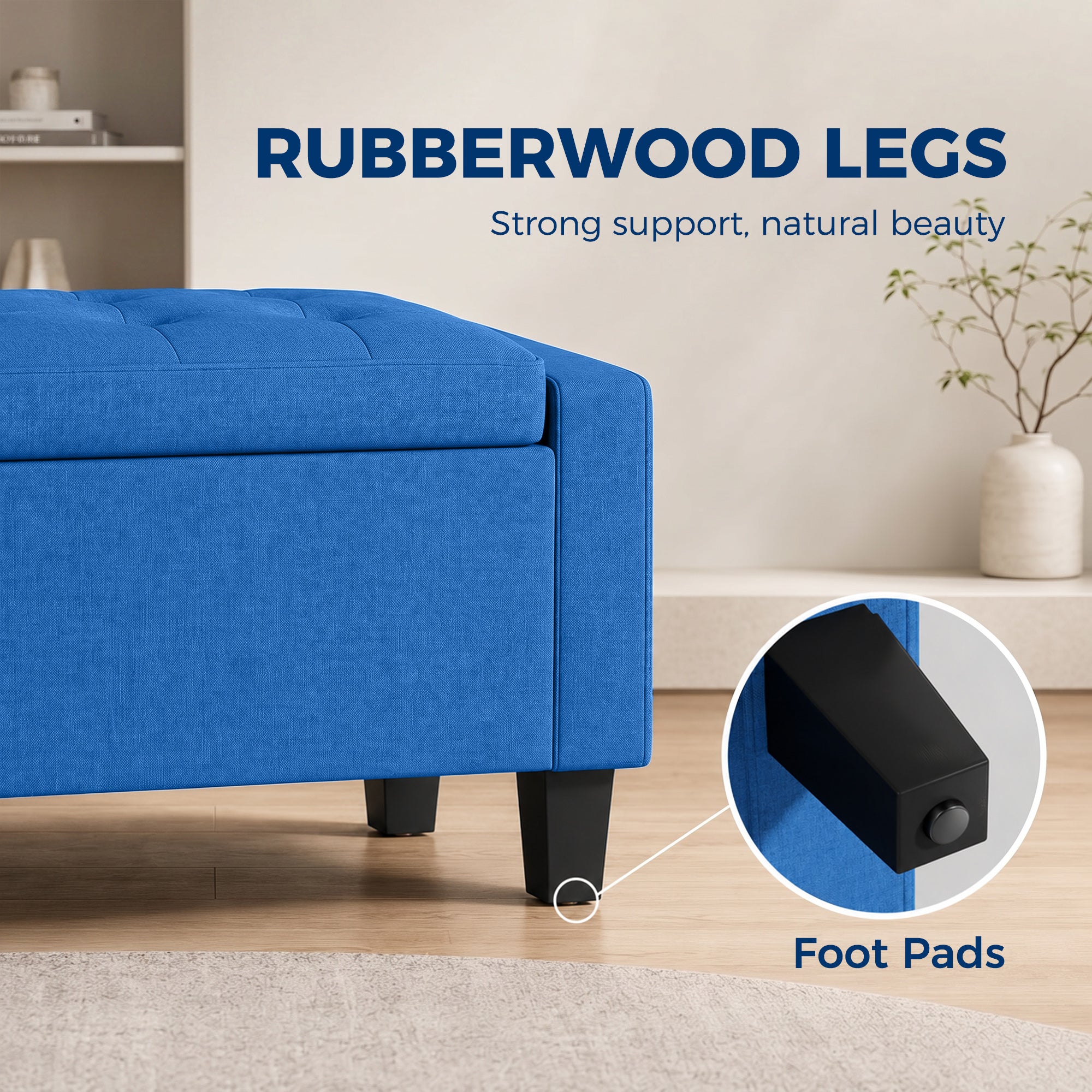 36.6" Tufted Fabric Rectangular Storage Ottoman, Sitting Bench with Armrests and Wooden Legs, Holds up to 528 lbs, for Entryway, Living Room, Bedroom, Blue