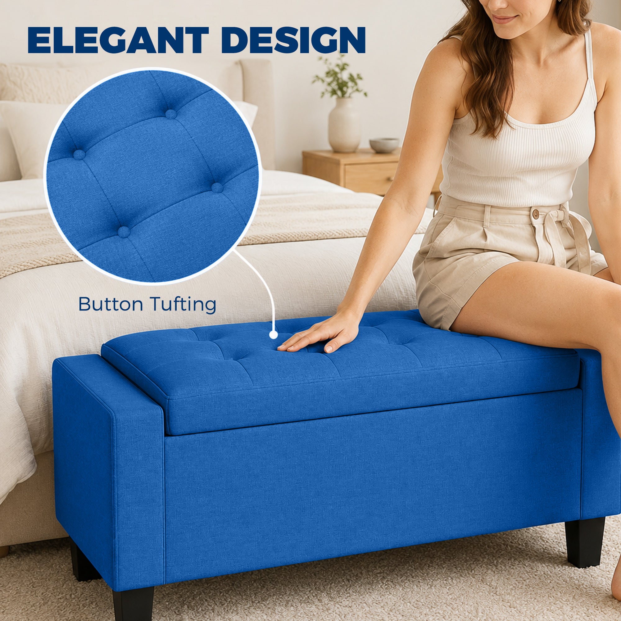 36.6" Tufted Fabric Rectangular Storage Ottoman, Sitting Bench with Armrests and Wooden Legs, Holds up to 528 lbs, for Entryway, Living Room, Bedroom, Blue