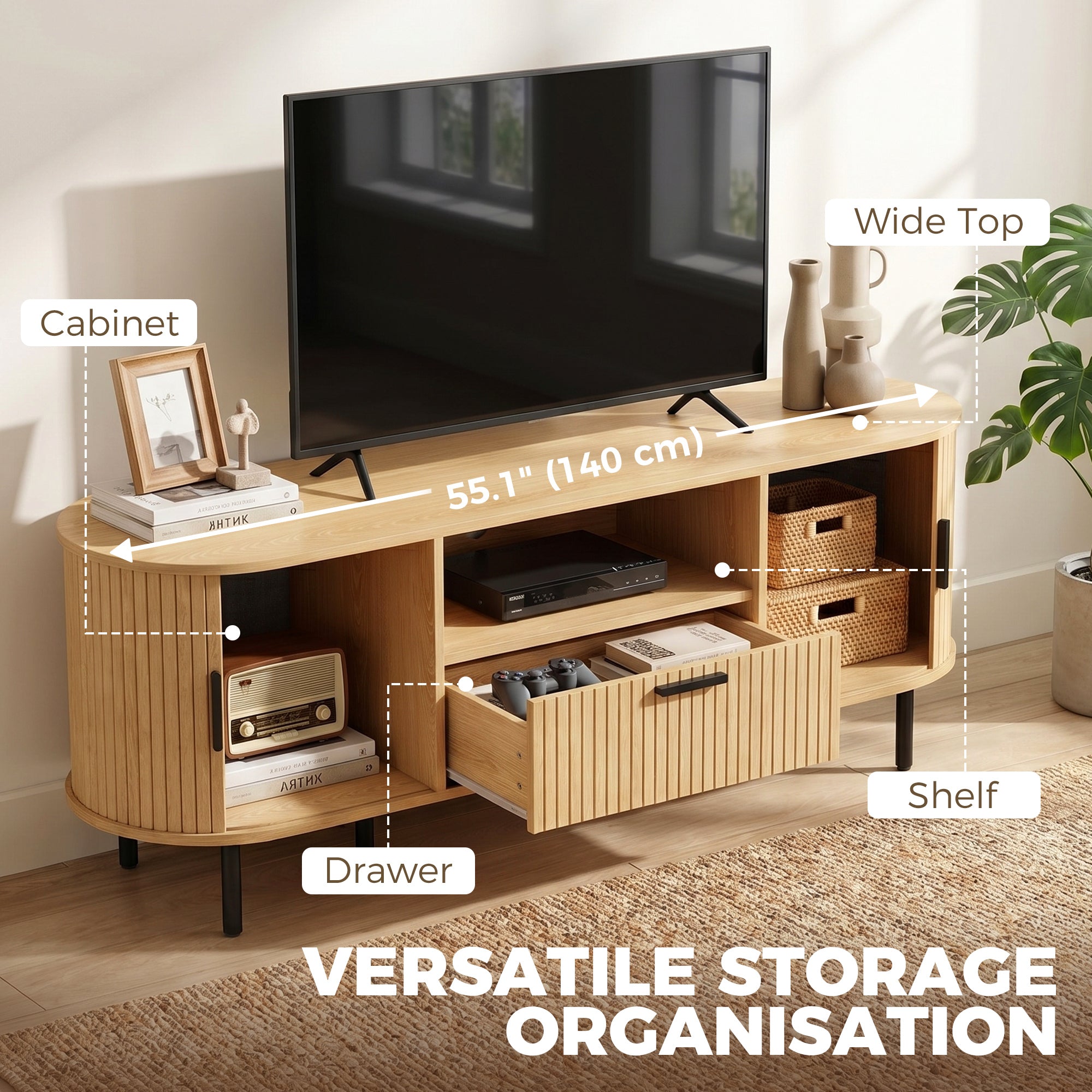 TV Stand for TVs up to 60", Modern Entertainment Center with Curved Sliding Doors, Media Console with Drawer, Cabinet and Shelf, Natural Wood
