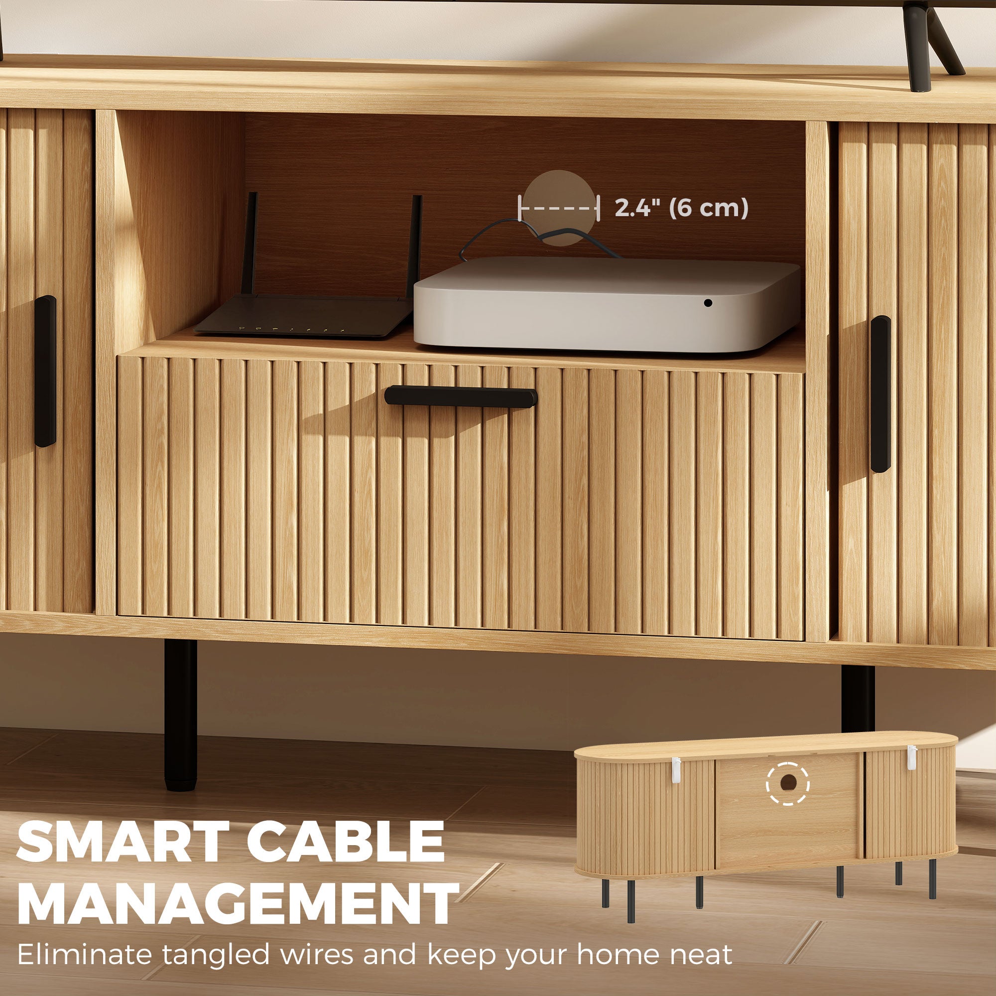 TV Stand for TVs up to 60", Modern Entertainment Center with Curved Sliding Doors, Media Console with Drawer, Cabinet and Shelf, Natural Wood