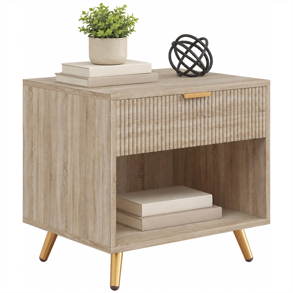 Bedside Table, Bedside Cabinet With Drawer and Open Compartment, Nightstand With Handle for Bedroom, Living Room, Natural Wood Finish