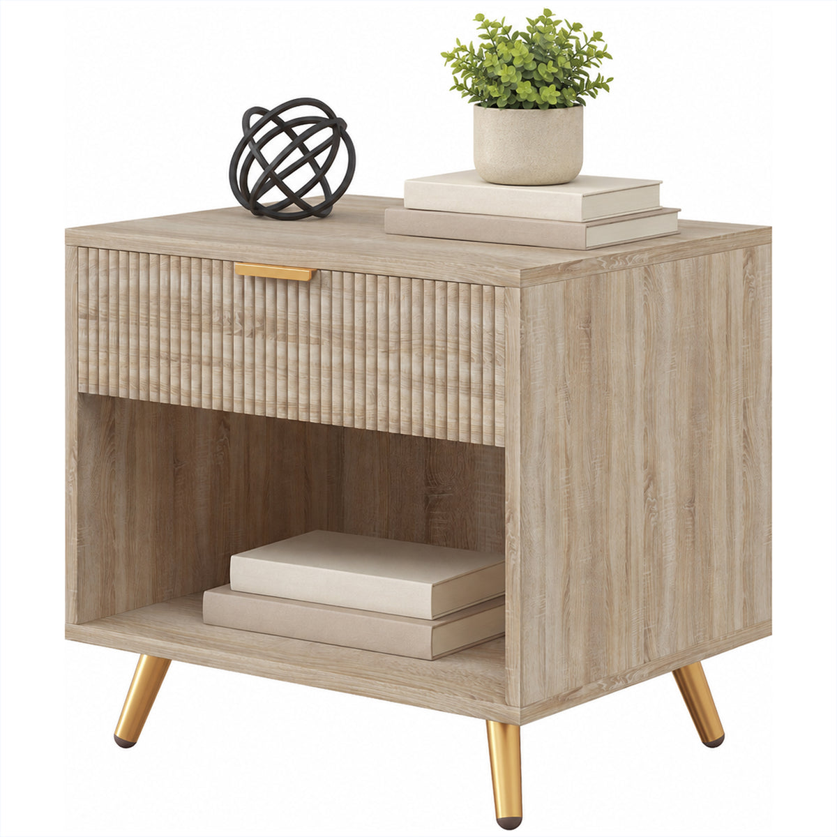 Bedside Table, Bedside Cabinet With Drawer and Open Compartment, Nightstand With Handle for Bedroom, Living Room, Natural Wood Finish