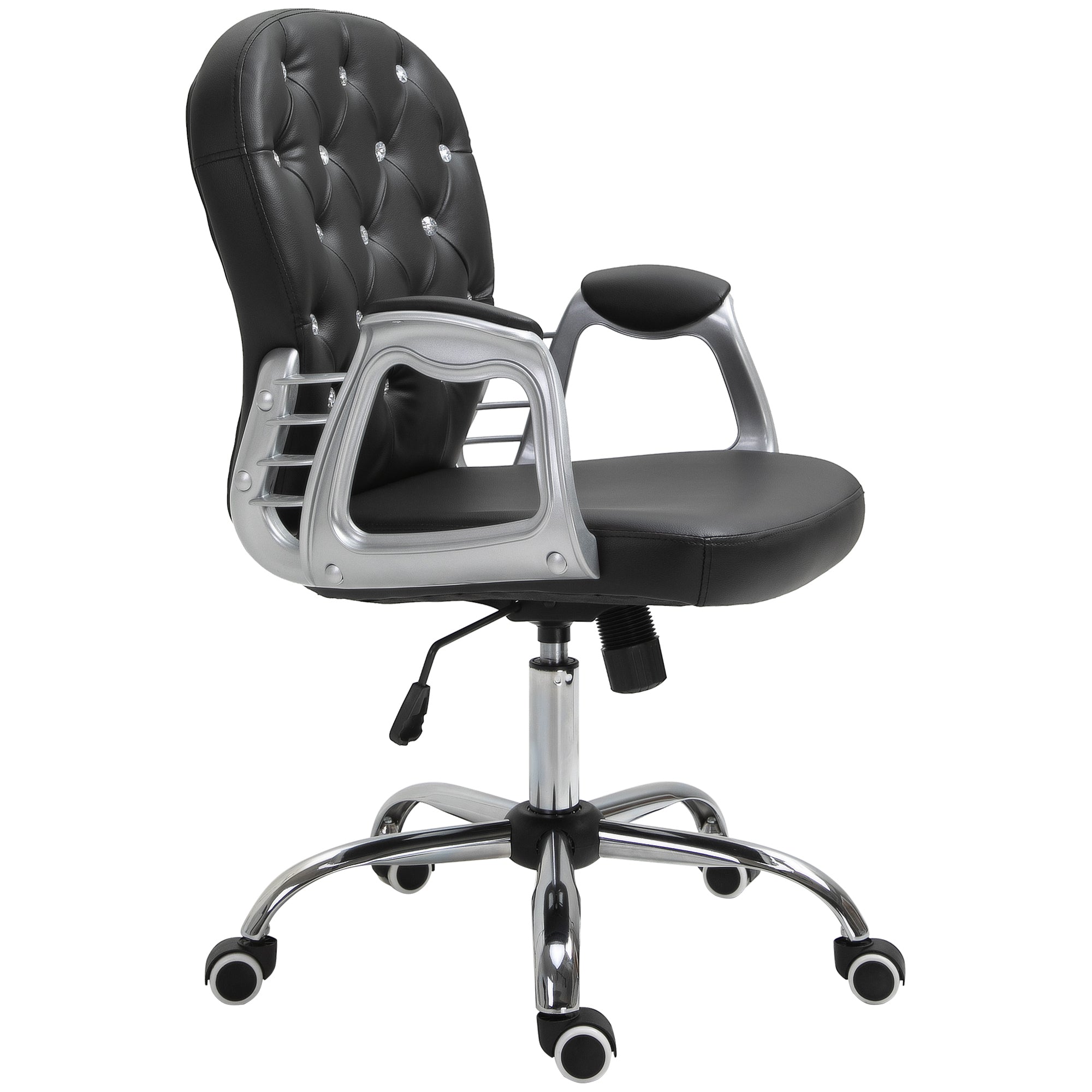 PU Leather Home Office Chair, Button Tufted Desk Chair with Padded Armrests, Adjustable Height and Swivel Wheels, Black