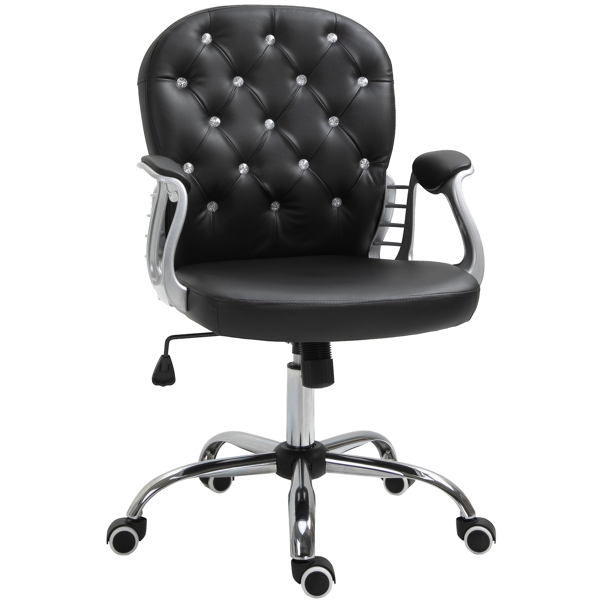 PU Leather Home Office Chair, Button Tufted Desk Chair with Padded Armrests, Adjustable Height and Swivel Wheels, Black