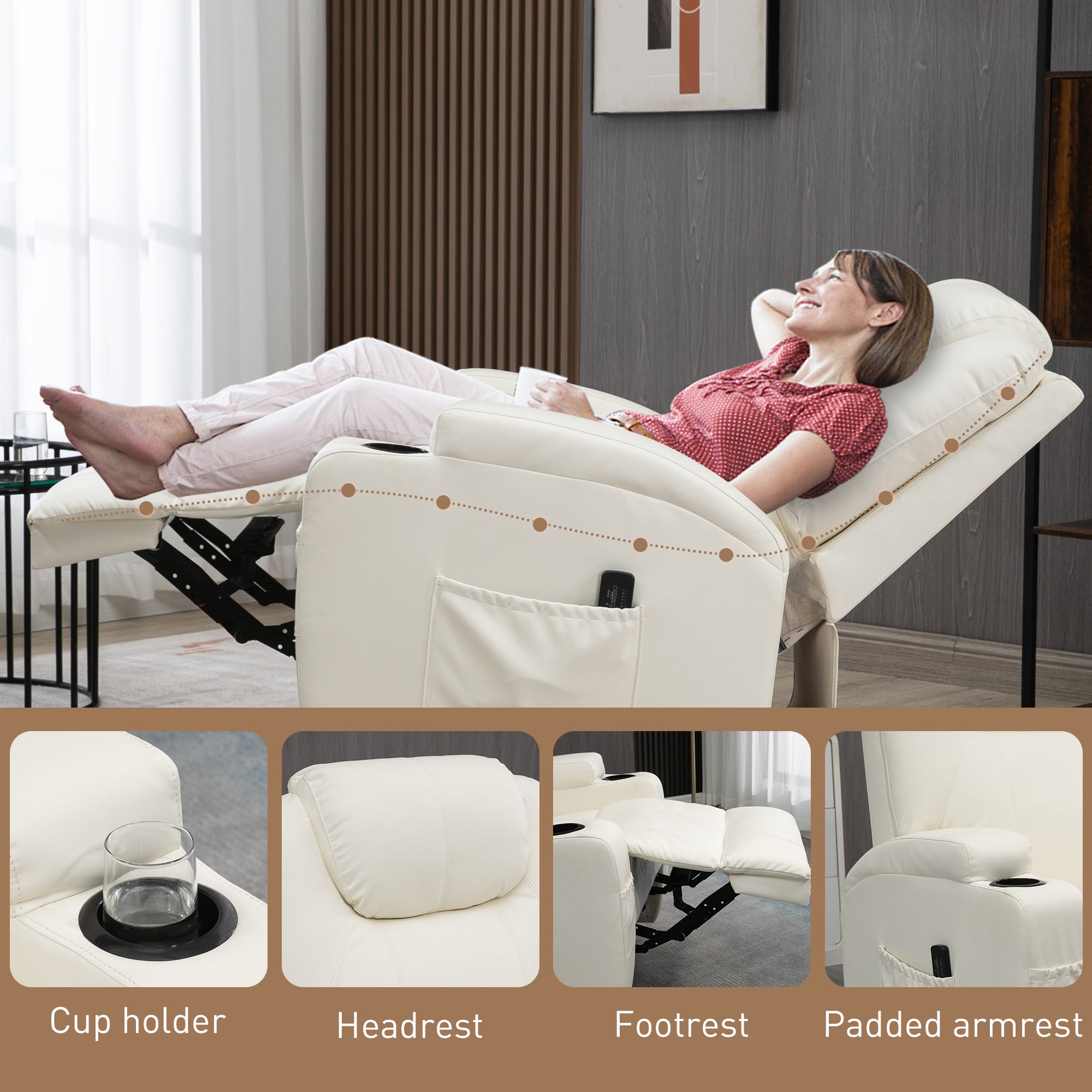 HOMCOM Massage Recliner Chair for Living Room with 8 Vibration Points, PU Leather Swivel Rocker Manual Reclining Chair with Cup Holders, Cream White