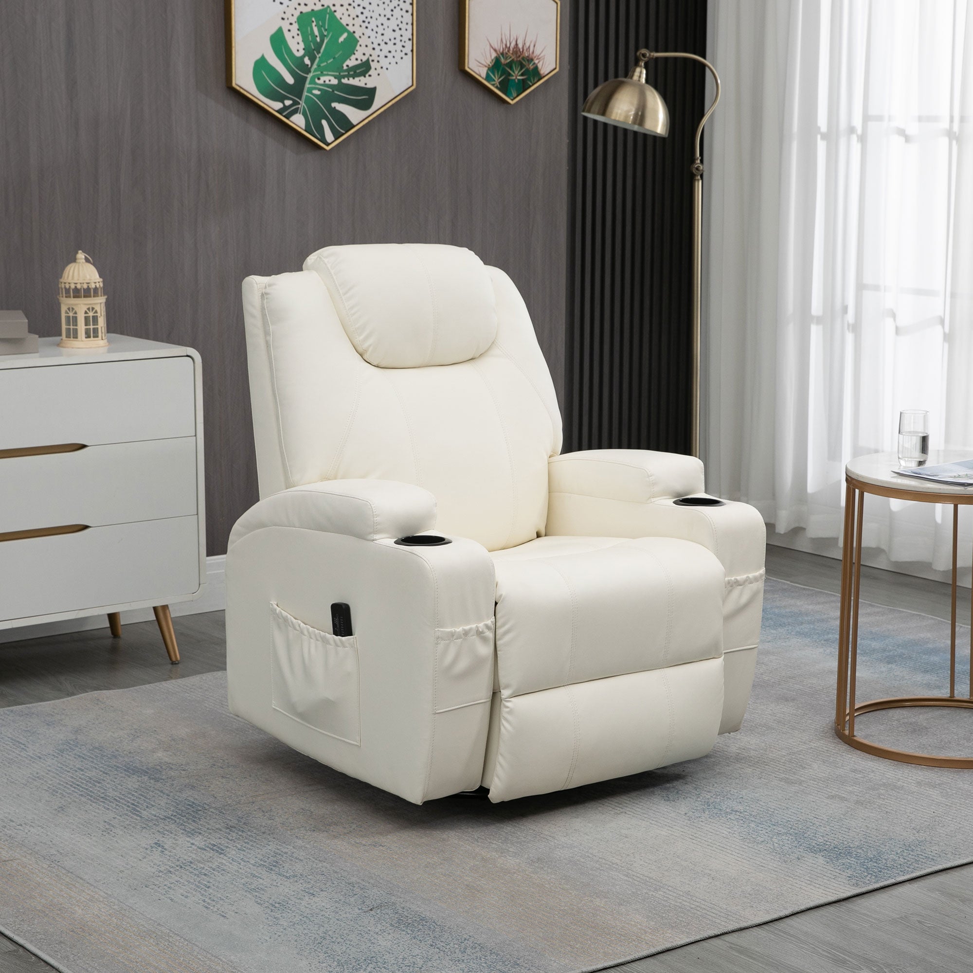 HOMCOM Massage Recliner Chair for Living Room with 8 Vibration Points, PU Leather Swivel Rocker Manual Reclining Chair with Cup Holders, Cream White