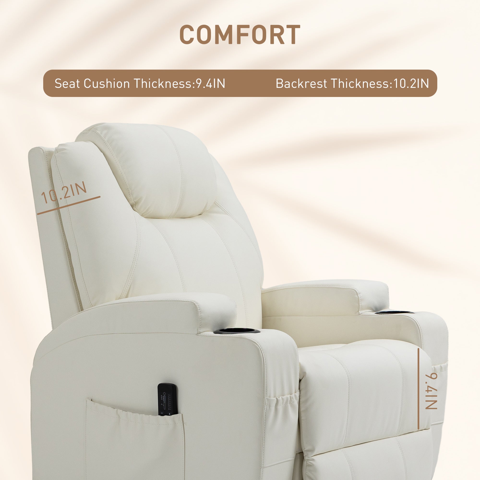 HOMCOM Massage Recliner Chair for Living Room with 8 Vibration Points, PU Leather Swivel Rocker Manual Reclining Chair with Cup Holders, Cream White