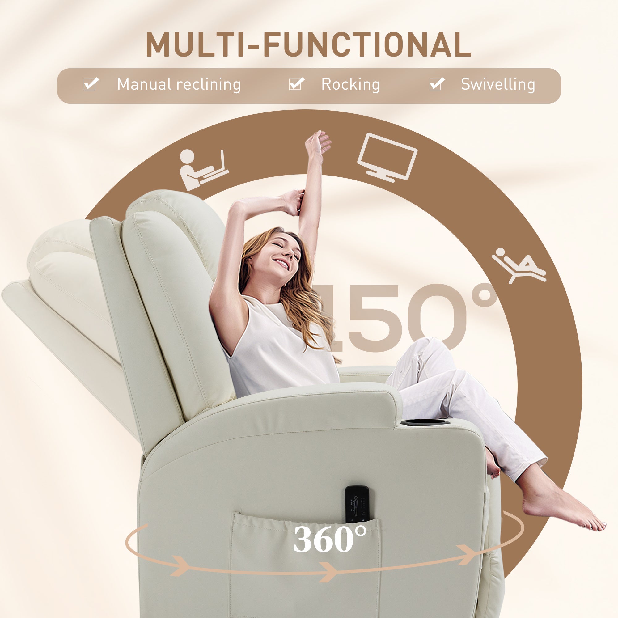 HOMCOM Massage Recliner Chair for Living Room with 8 Vibration Points, PU Leather Swivel Rocker Manual Reclining Chair with Cup Holders, Cream White