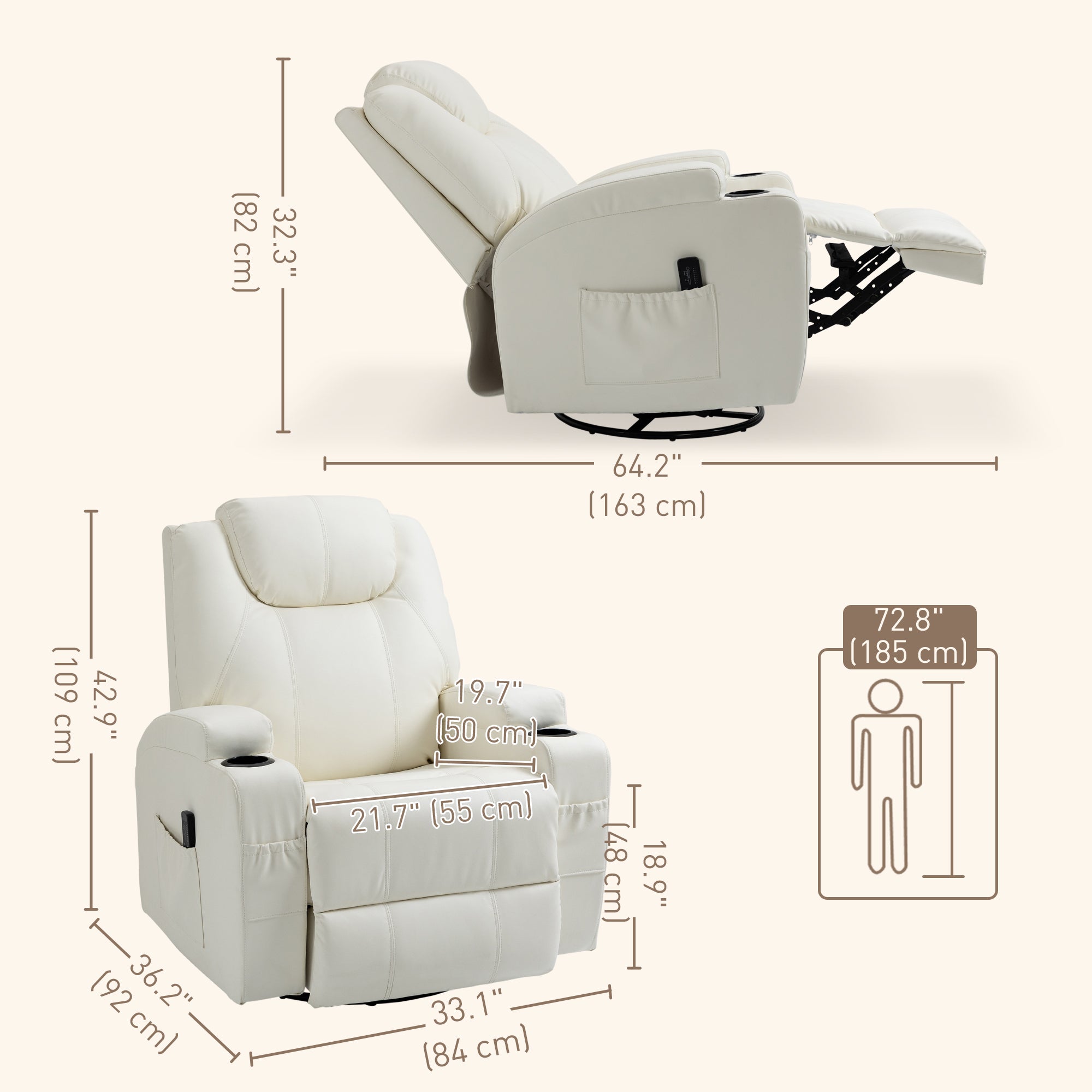 HOMCOM Massage Recliner Chair for Living Room with 8 Vibration Points, PU Leather Swivel Rocker Manual Reclining Chair with Cup Holders, Cream White