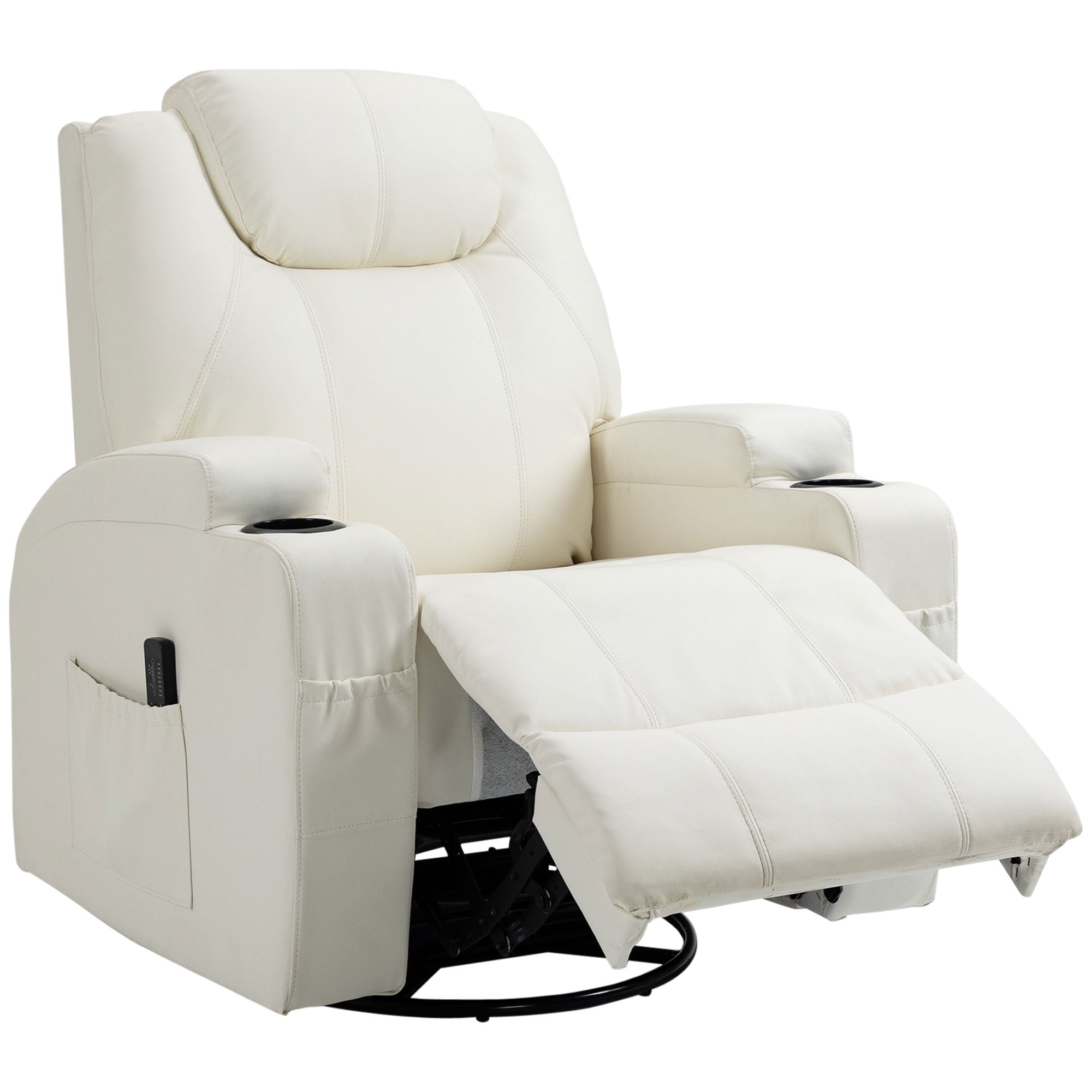 HOMCOM Massage Recliner Chair for Living Room with 8 Vibration Points, PU Leather Swivel Rocker Manual Reclining Chair with Cup Holders, Cream White