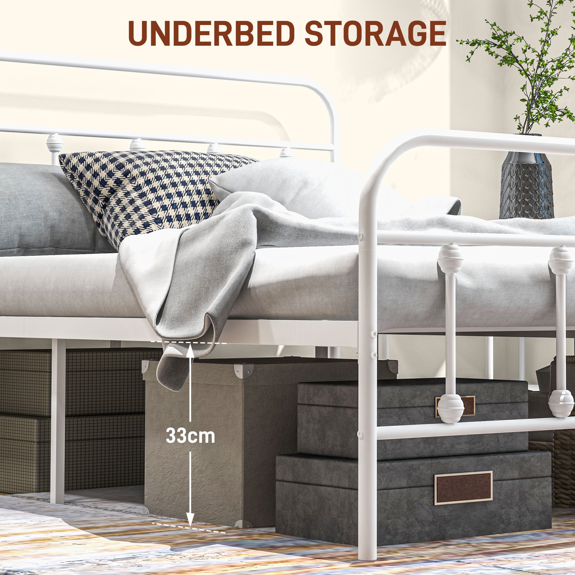 HOMCOM 5ft King Bed Frame with Underbed Storage, Metal Platform Bed frame with Tall Headboard, Footboard and Steel Slat Support, No Box Spring Needed, Easy Assembly, White