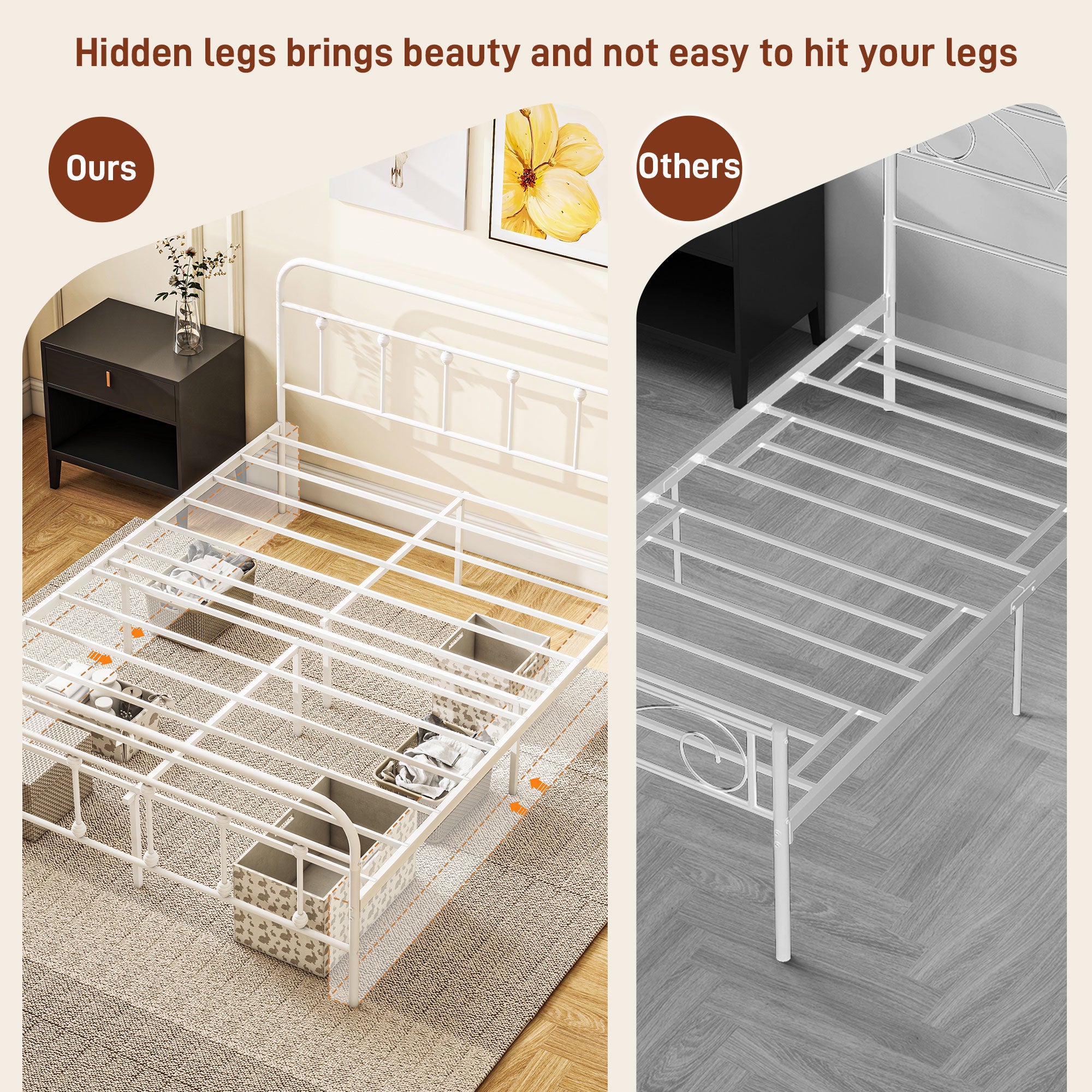 HOMCOM 5ft King Bed Frame with Underbed Storage, Metal Platform Bed frame with Tall Headboard, Footboard and Steel Slat Support, No Box Spring Needed, Easy Assembly, White
