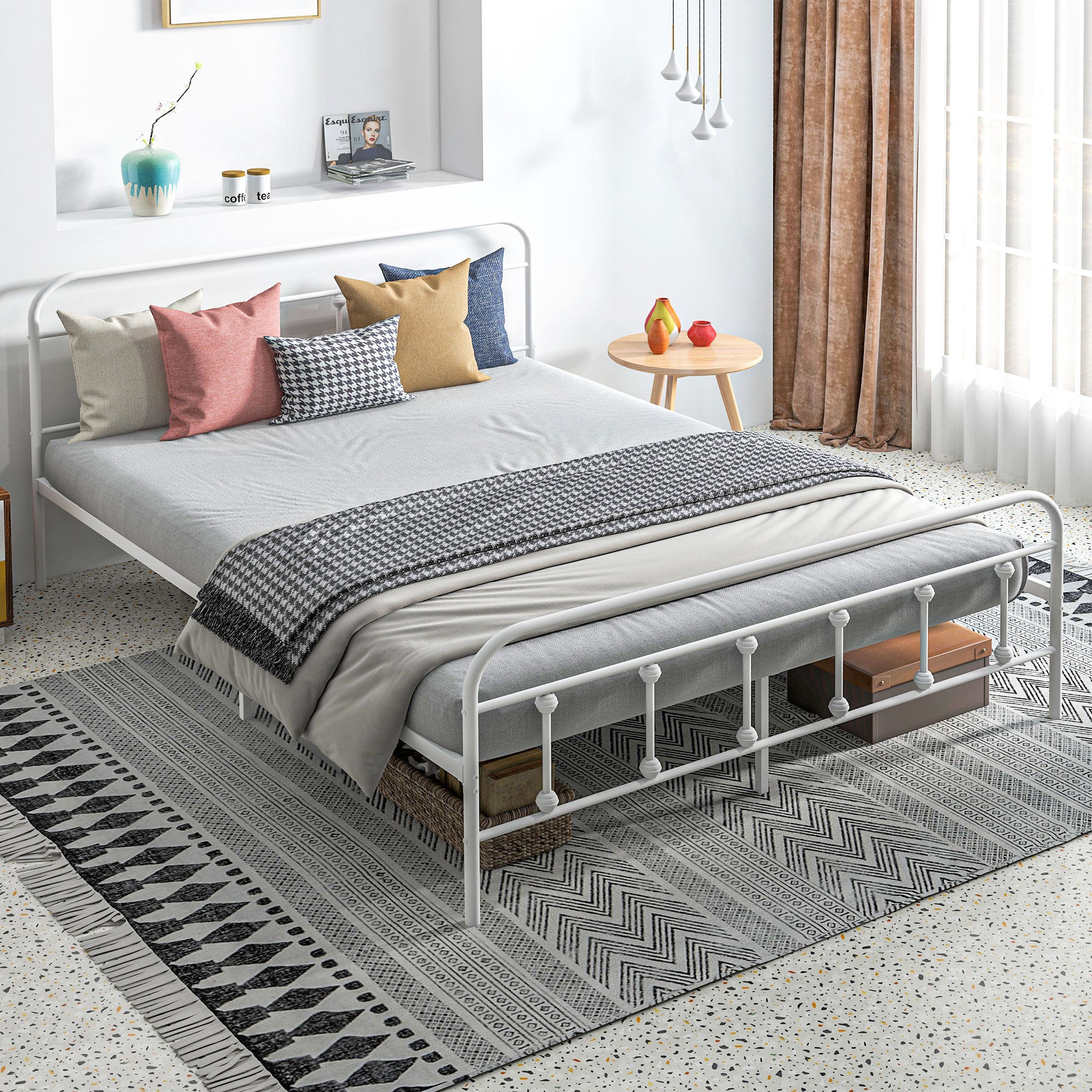 HOMCOM 5ft King Bed Frame with Underbed Storage, Metal Platform Bed frame with Tall Headboard, Footboard and Steel Slat Support, No Box Spring Needed, Easy Assembly, White
