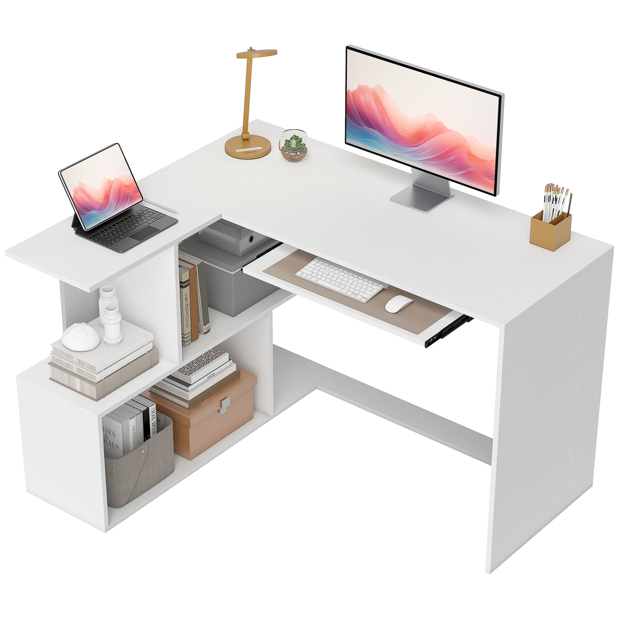 L-Shaped Corner Desk with Keyboard Tray, Computer Desk for Home Office with 4 Open Shelves, Space-Saving Study Workstation, 120 x 100 x 76 cm, White Wood Effect