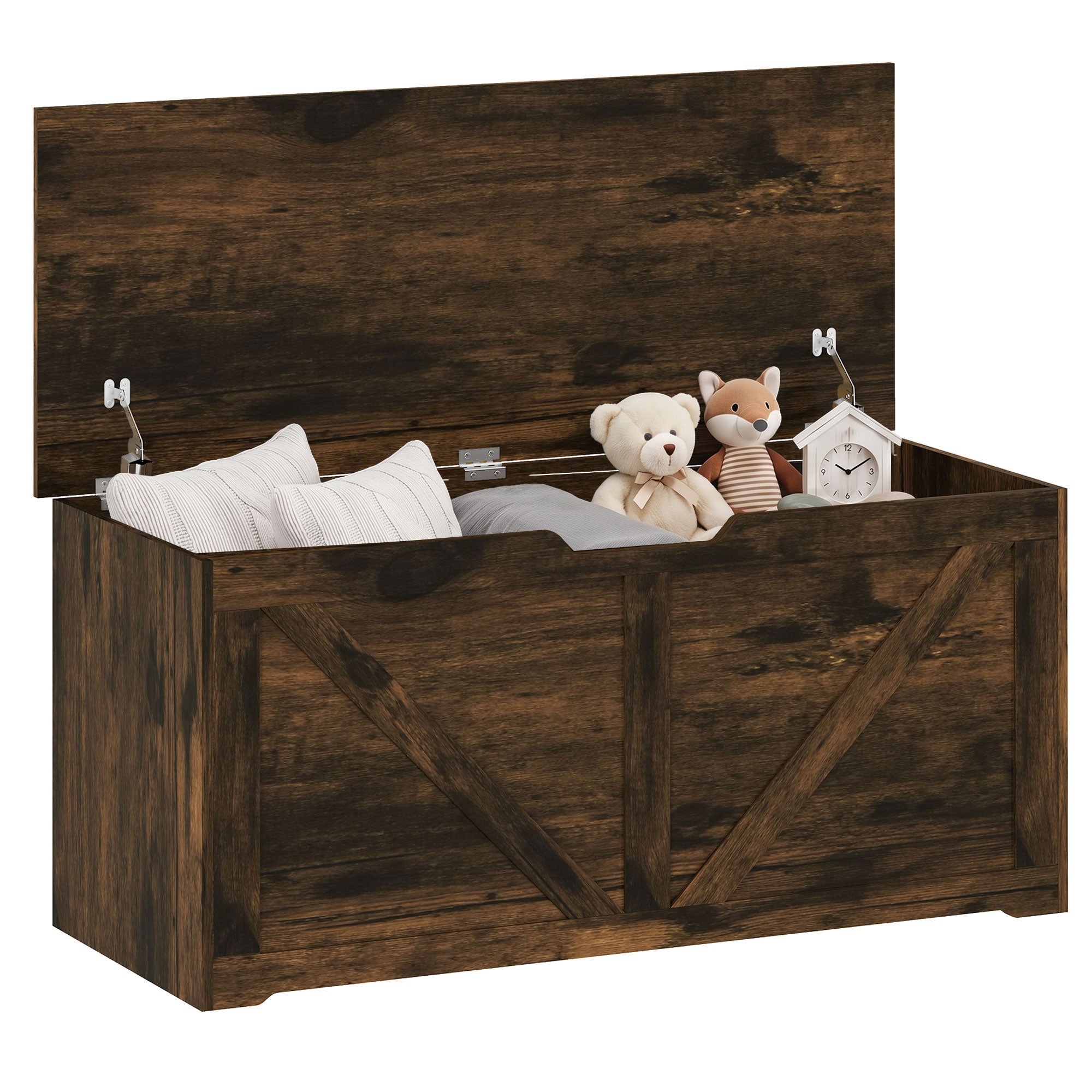 127L Storage Chest, Shoe Storage Trunk Bench Box with 2 Safety Hinges and U-shaped Cut-out Pull, Blanket Box Ottoman for Bedroom, Living Room, Entryway, 100 x 40 x 45 cm, Rustic Brown