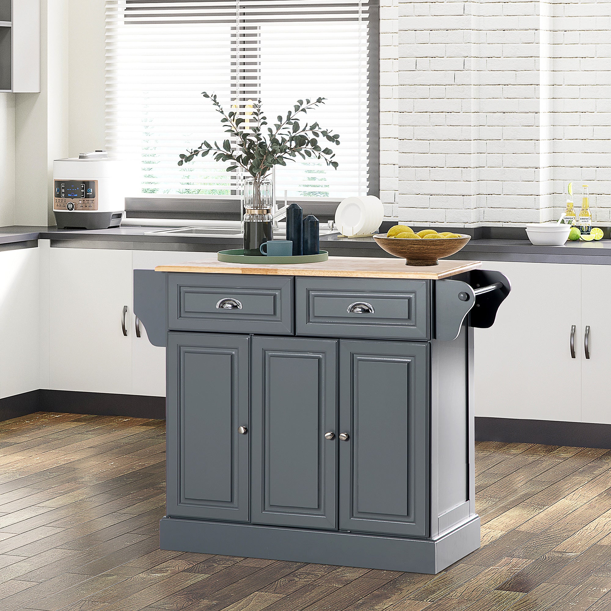 Triple-Cabinet Kitchen Island on Wheels, Kitchen Storage Cabinet with Drawers, Rolling Utility Cart, Dark Gray