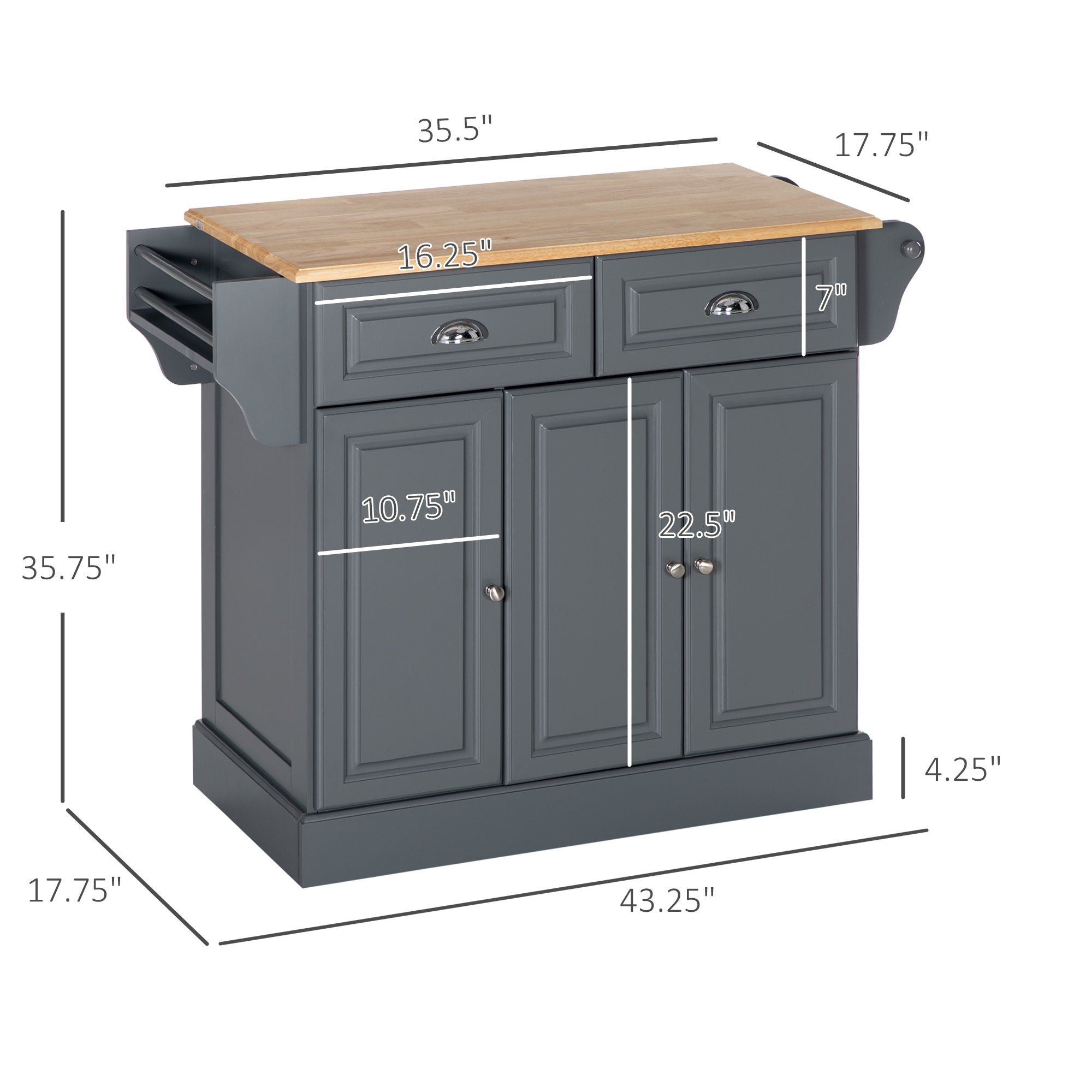 Triple-Cabinet Kitchen Island on Wheels, Kitchen Storage Cabinet with Drawers, Rolling Utility Cart, Dark Gray