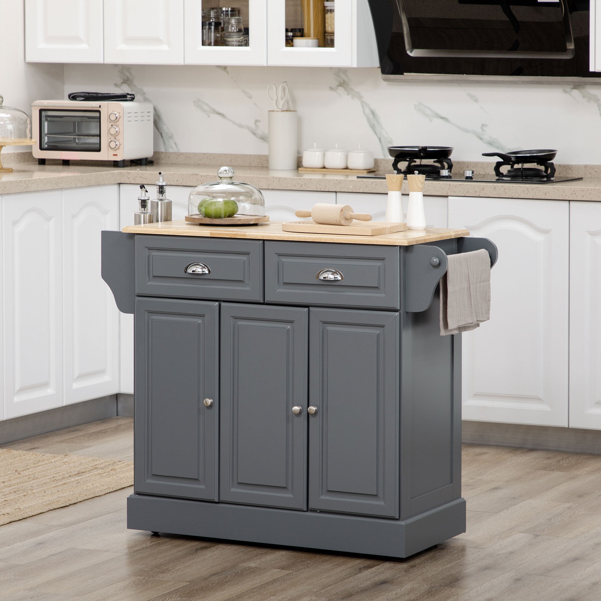 Triple-Cabinet Kitchen Island on Wheels, Kitchen Storage Cabinet with Drawers, Rolling Utility Cart, Dark Gray