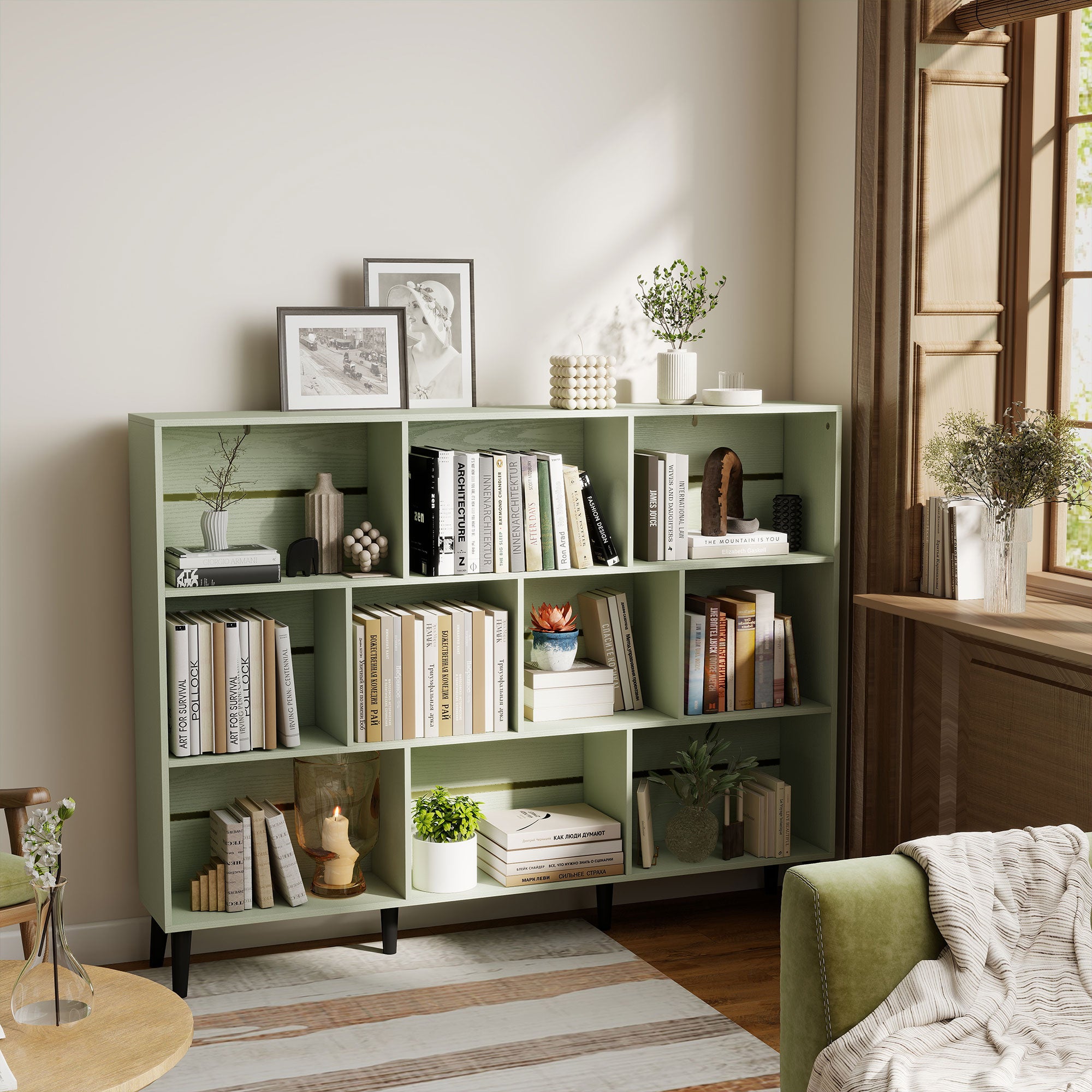10-Cube Bookshelf, 3-Tier Bookcase with Solid Wood Legs, 140 cm Modern Freestanding Book Shelf with Anti-Tip Kit for Bedroom Living Room Study Office, Light Green