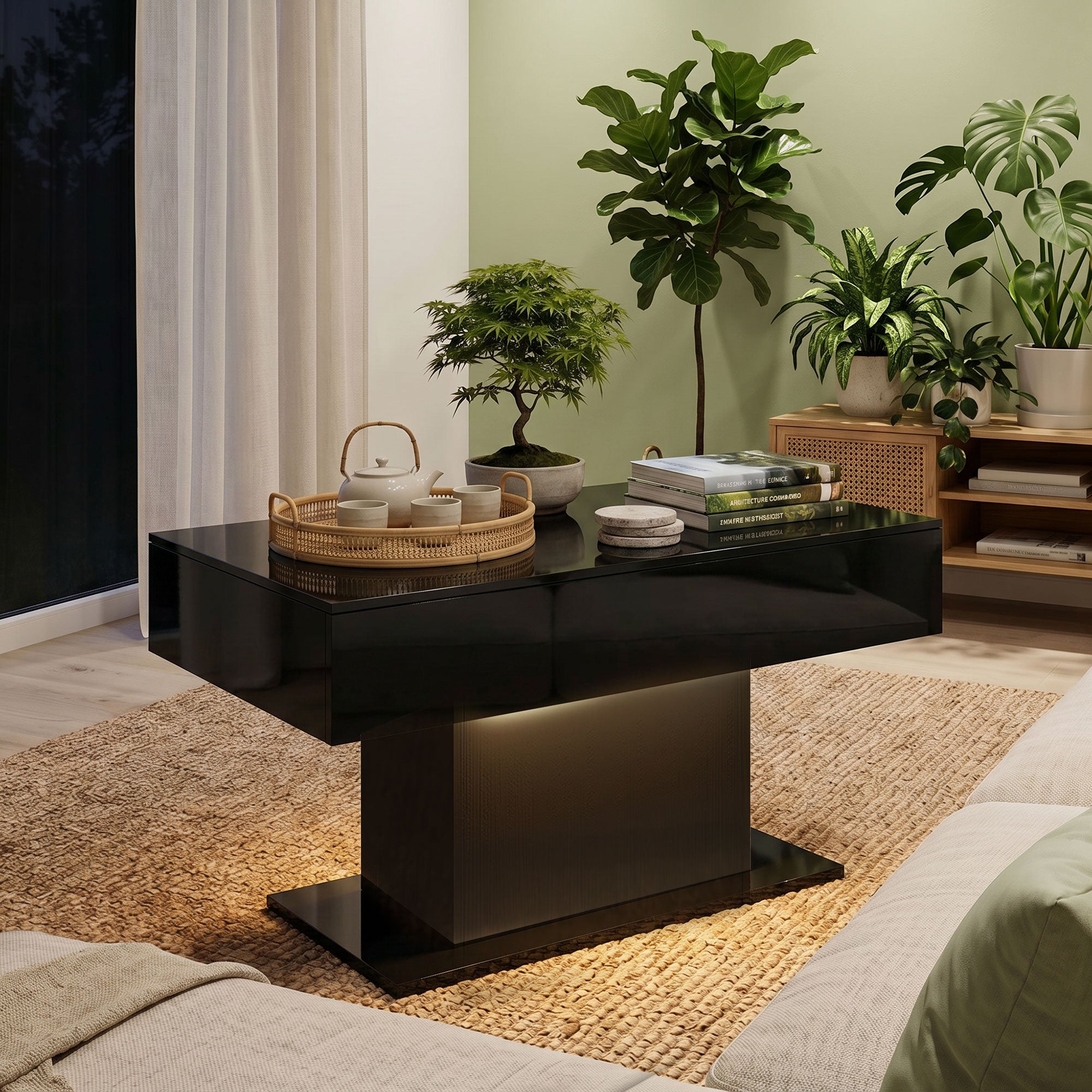 LED Coffee Table with Storage, High Gloss Modern Center Table with 2 Drawers and Remote Control for Living Room, Black