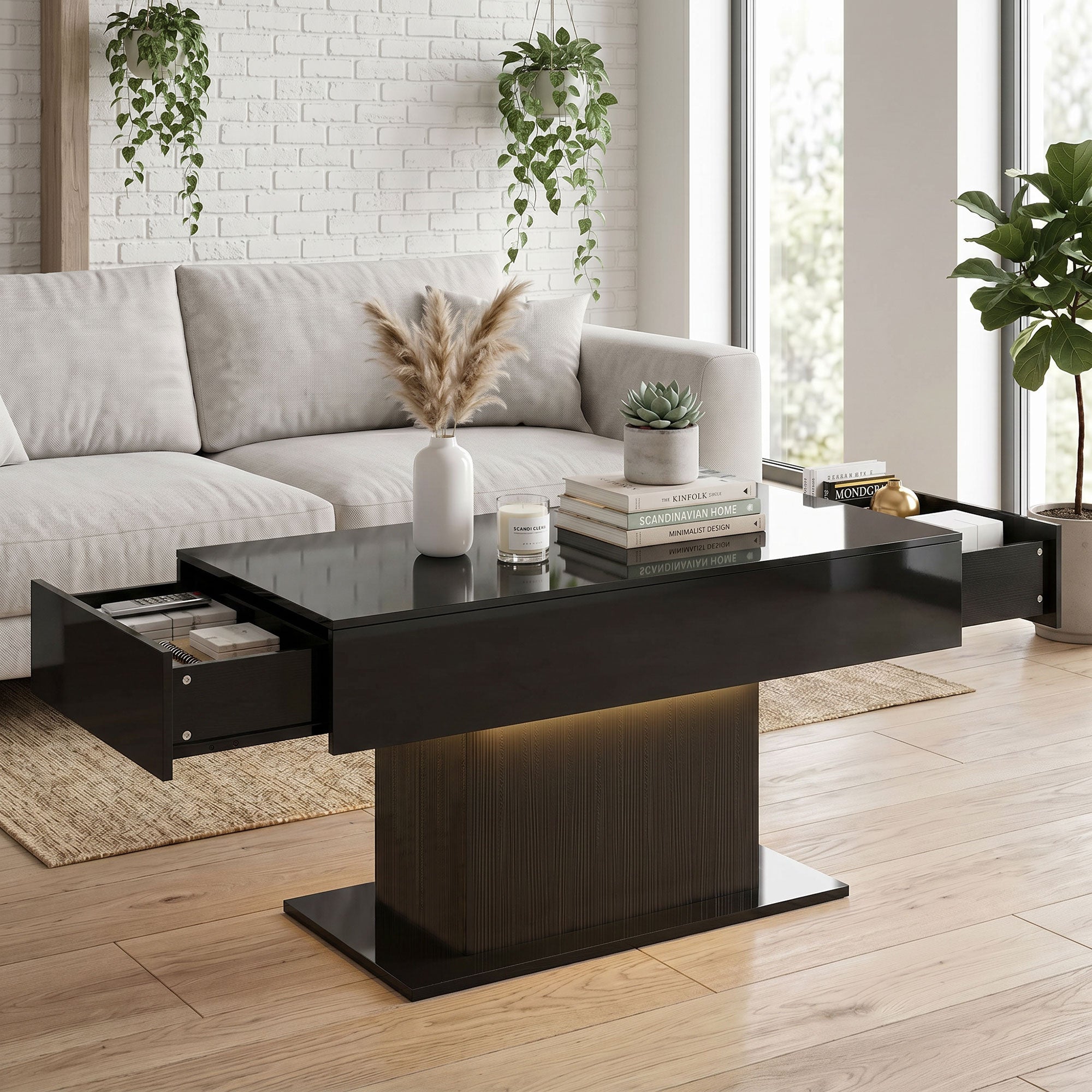 LED Coffee Table with Storage, High Gloss Modern Center Table with 2 Drawers and Remote Control for Living Room, Black