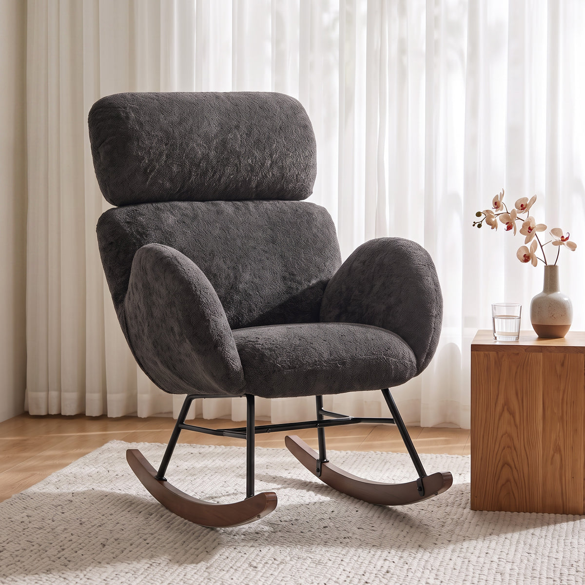 Rocking Chair with Adjustable Headrest, Modern Velvet Upholstered Rocker Chair, Steel Frame and Rubberwood Legs, Foam Padded Armrests, Wide Seat for Living Room, Bedroom, Study, Dark Grey