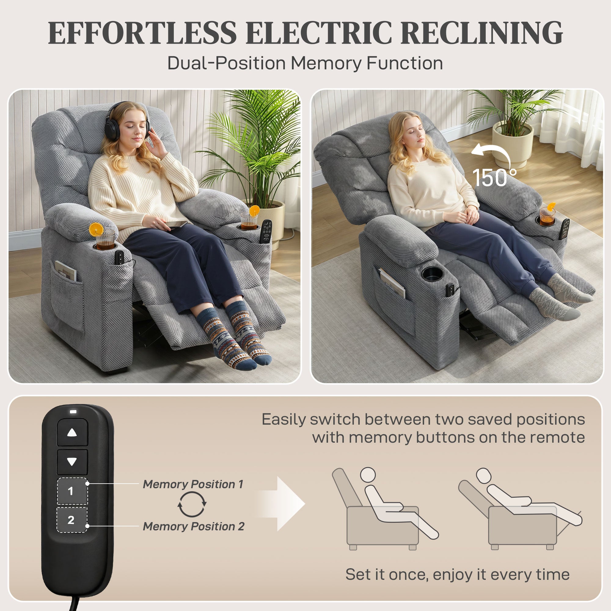 Recliner Armchair with Vibration Massage, Heat, Whisper-Quiet Motor, Memory Function, Fleece Power Reclining Chair with Spring Pack, USB Port, Footrest, Side Pockets, Cup Holders, Dark Grey