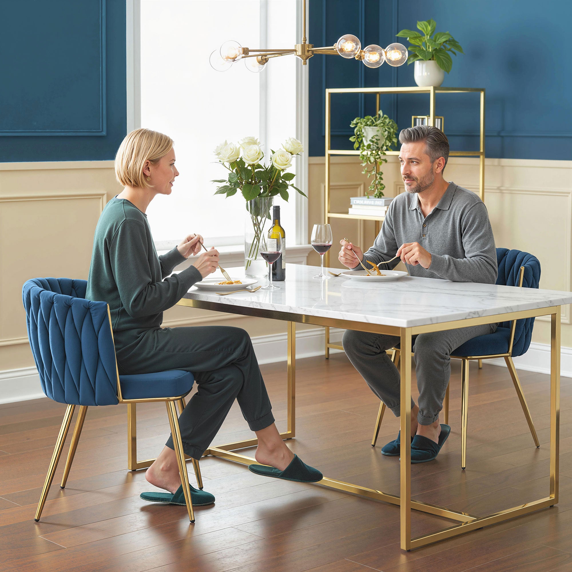 Velvet-Feel Dining Chairs Set of 2, Modern Upholstered Kitchen Chairs with Woven Backrest and Armrests, Metal Legs and Padded Seat for Dining Room, Bedroom, Living Room, Dark Blue