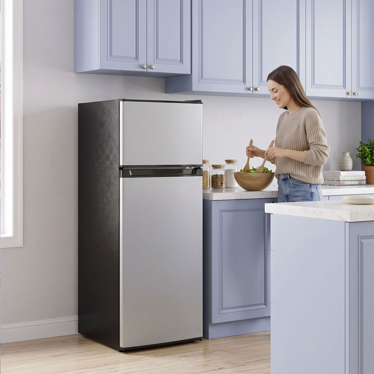 7.7 Cu. Ft. Mini Fridge with Freezer, Double Door Compact Refrigerator with Adjustable Thermostat, Reversible Door, Removable Glass Shelves, Small Refrigerator for Bedroom, Office, Dorm