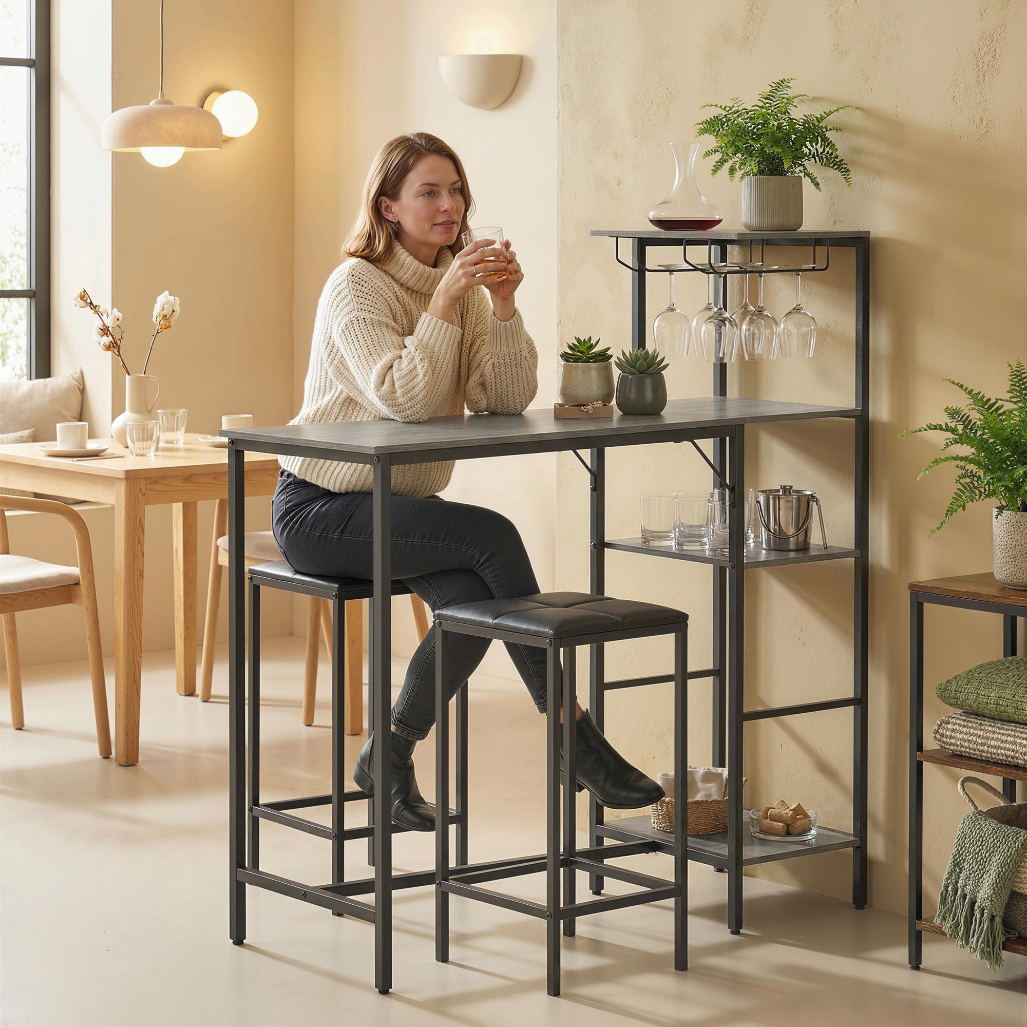 3 Piece Breakfast Bar Table and Stools Set, Dining Table with 4-tier shelving and Glasses Holders, 2 PU Leather Bar Stools with Footrest for Kitchen, Dining Room, Pub, Washed Grey