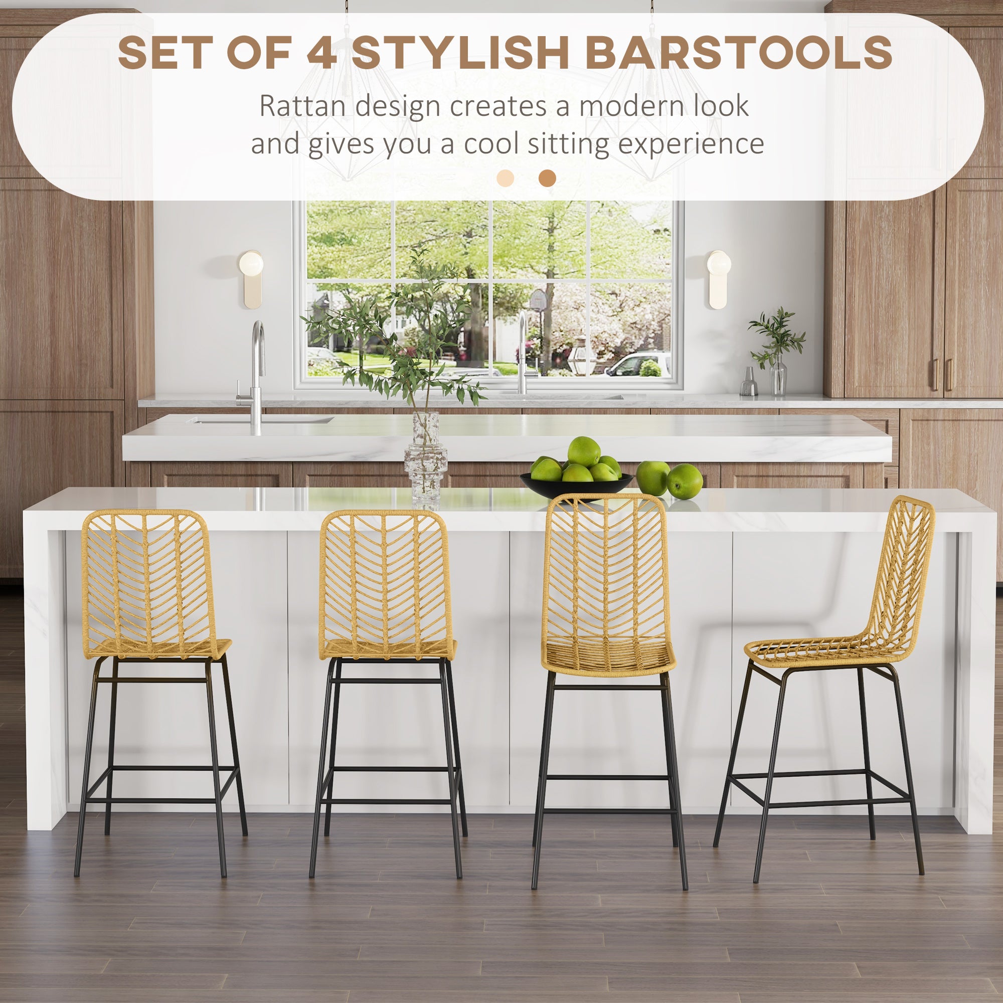 Set of 4 Rattan Barstools Wicker Counter Stools with Steel Legs and Footrest for Dining Room Kitchen Pub Yellow