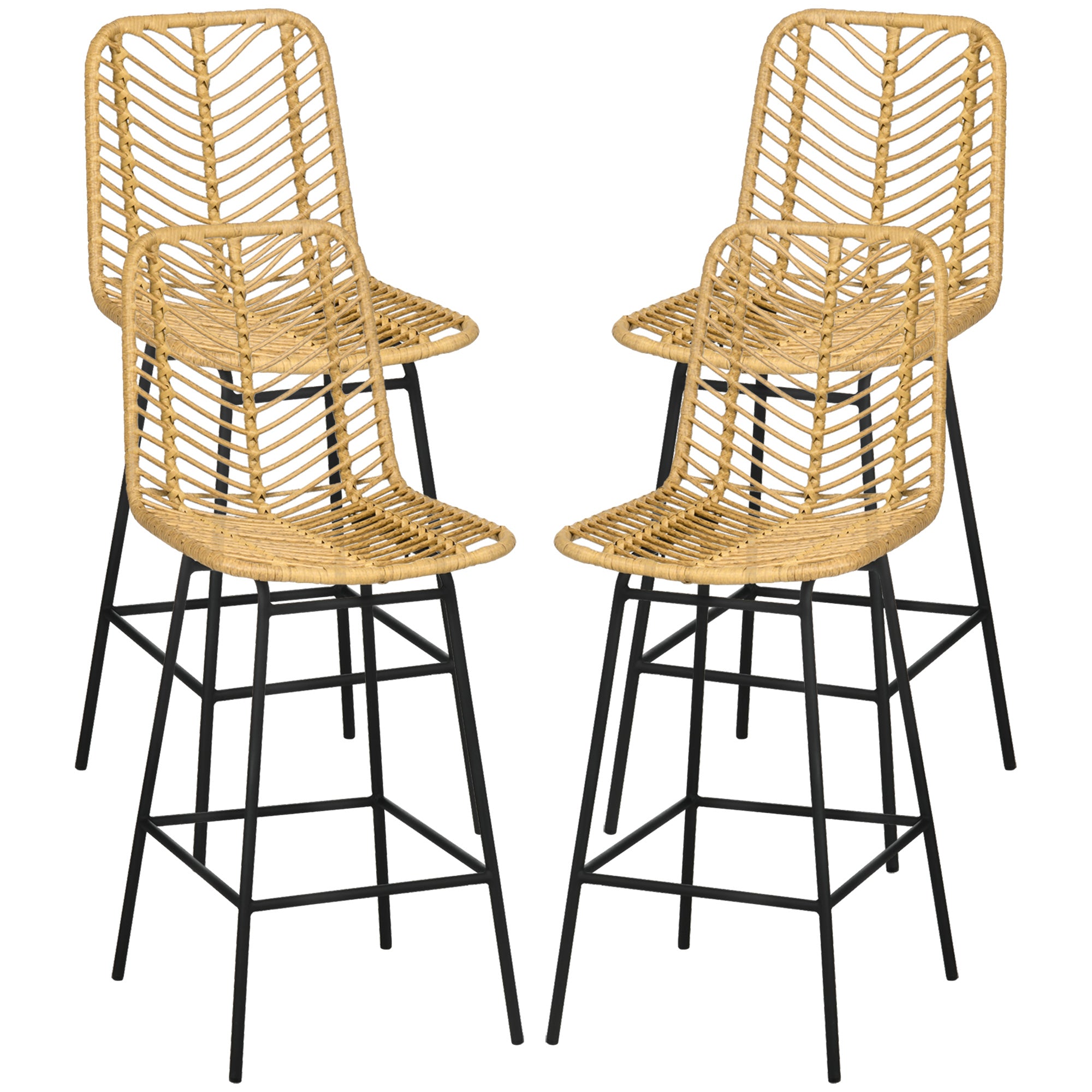 Set of 4 Rattan Barstools Wicker Counter Stools with Steel Legs and Footrest for Dining Room Kitchen Pub Yellow