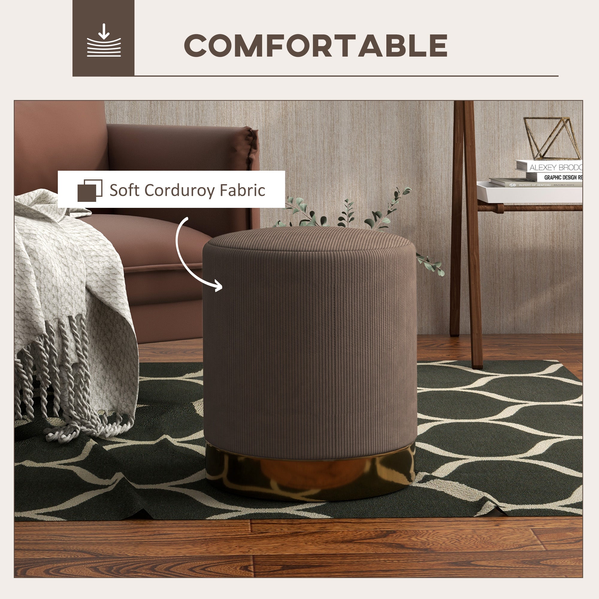 HOMCOM Modern Round Footstool, Corduroy Fabric Upholstered Foot Stool with Padded Seat for Living Room, Entryway, Light Brown