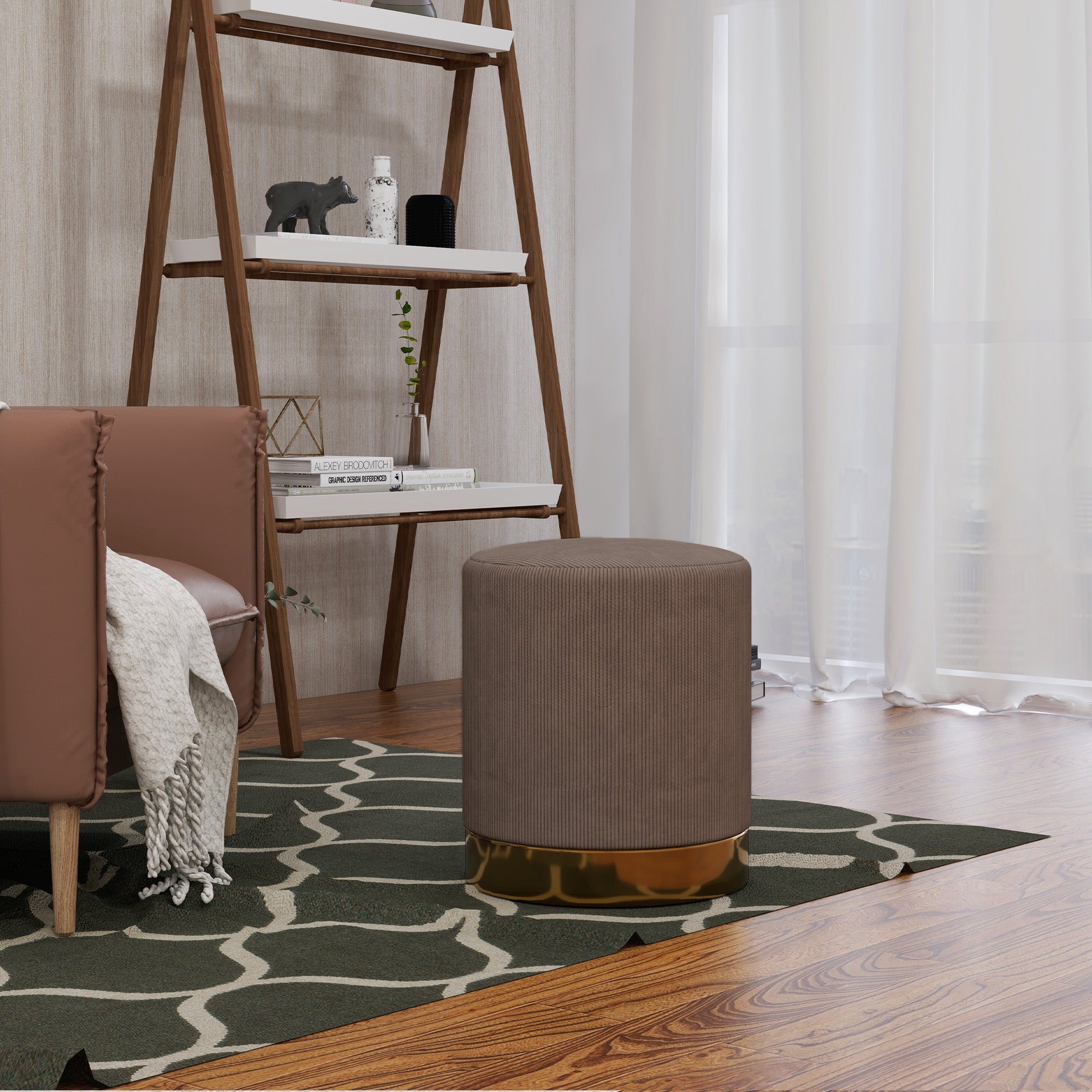 HOMCOM Modern Round Footstool, Corduroy Fabric Upholstered Foot Stool with Padded Seat for Living Room, Entryway, Light Brown