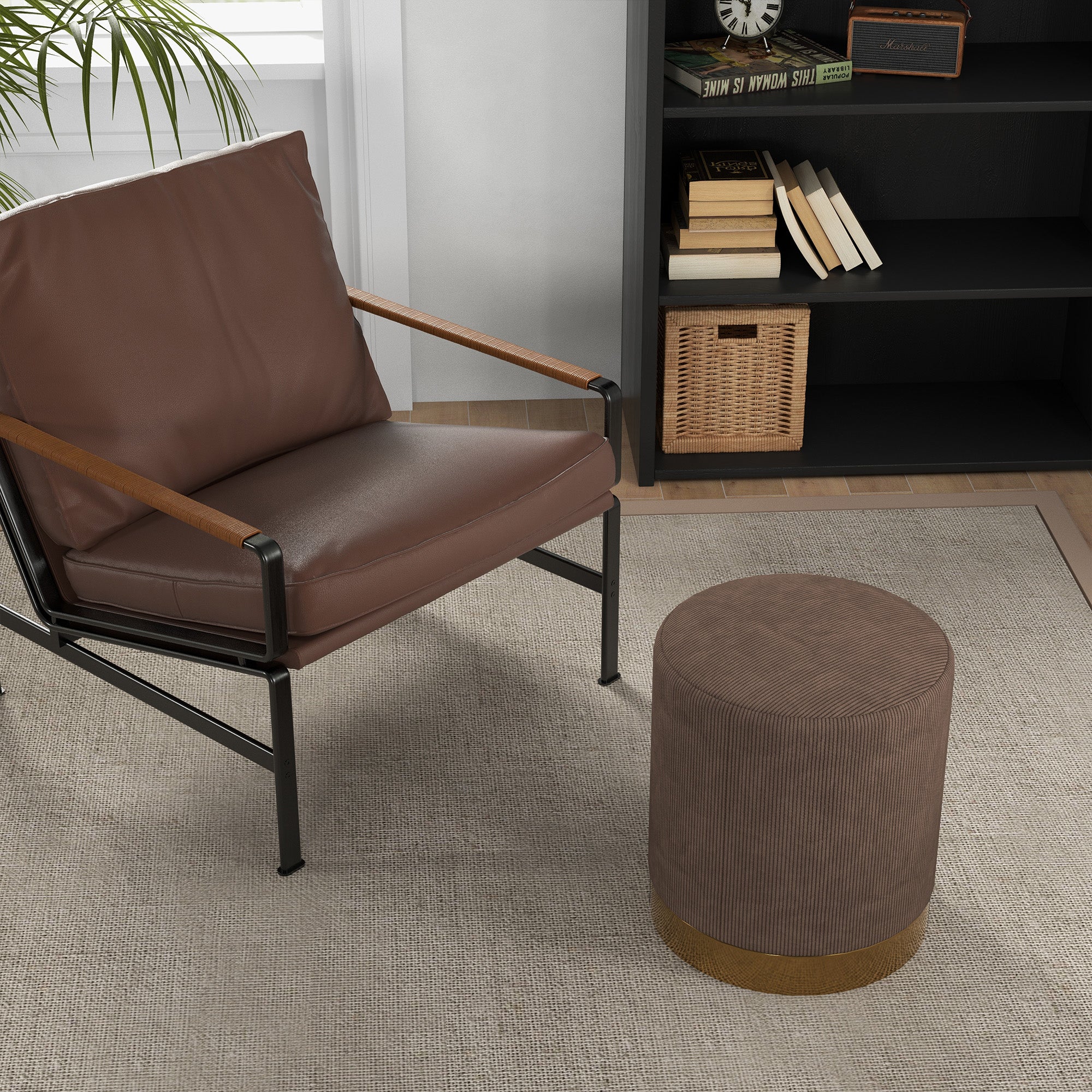 HOMCOM Modern Round Footstool, Corduroy Fabric Upholstered Foot Stool with Padded Seat for Living Room, Entryway, Light Brown